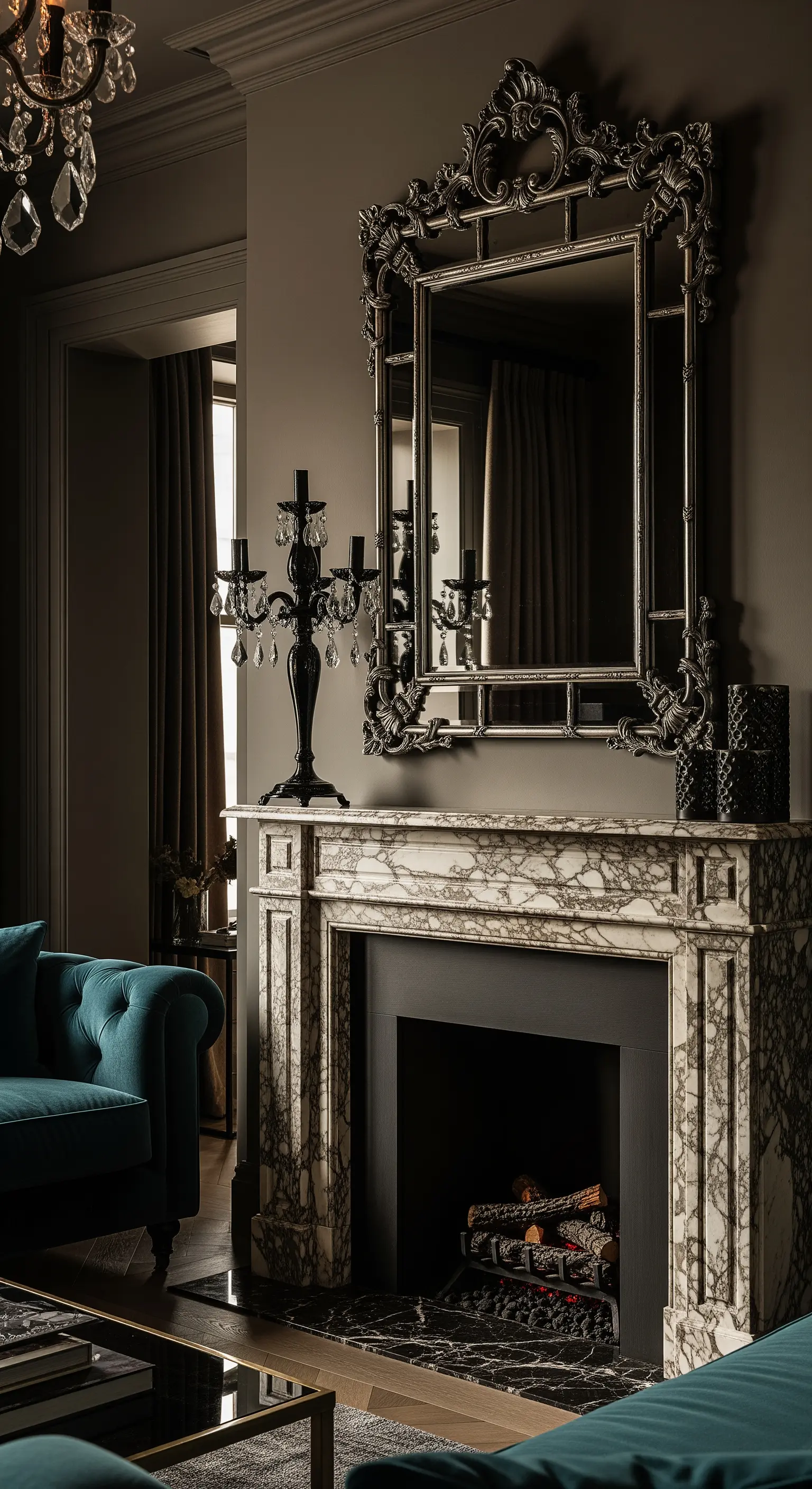 Opulenter, barock gerahmter Spiegel über einem Marmorkamin, daneben ein Kristall-Kandelaber.