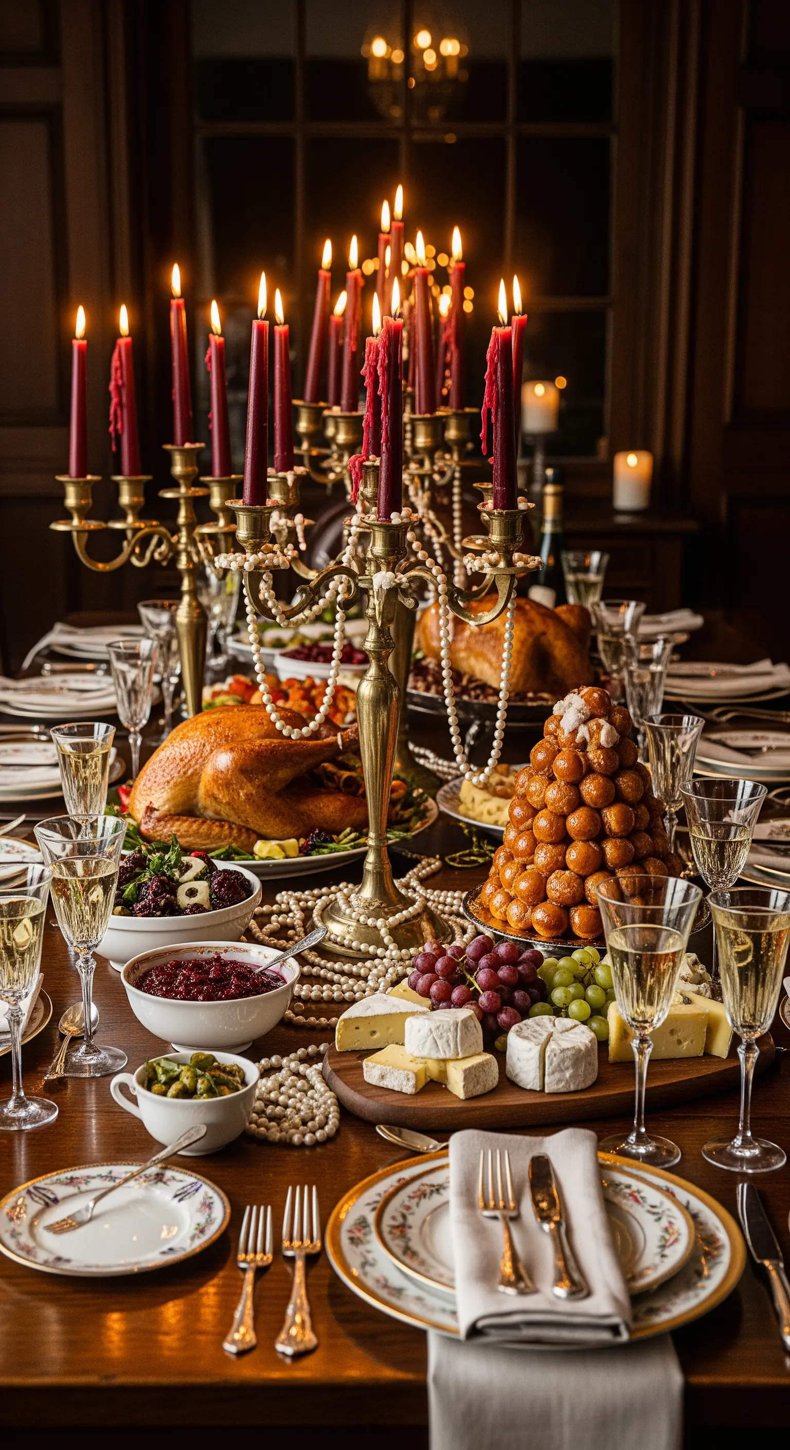 Opulenter Festtisch mit großen Kerzenleuchtern, roten Kerzen, Perlenketten und reichem Buffet.