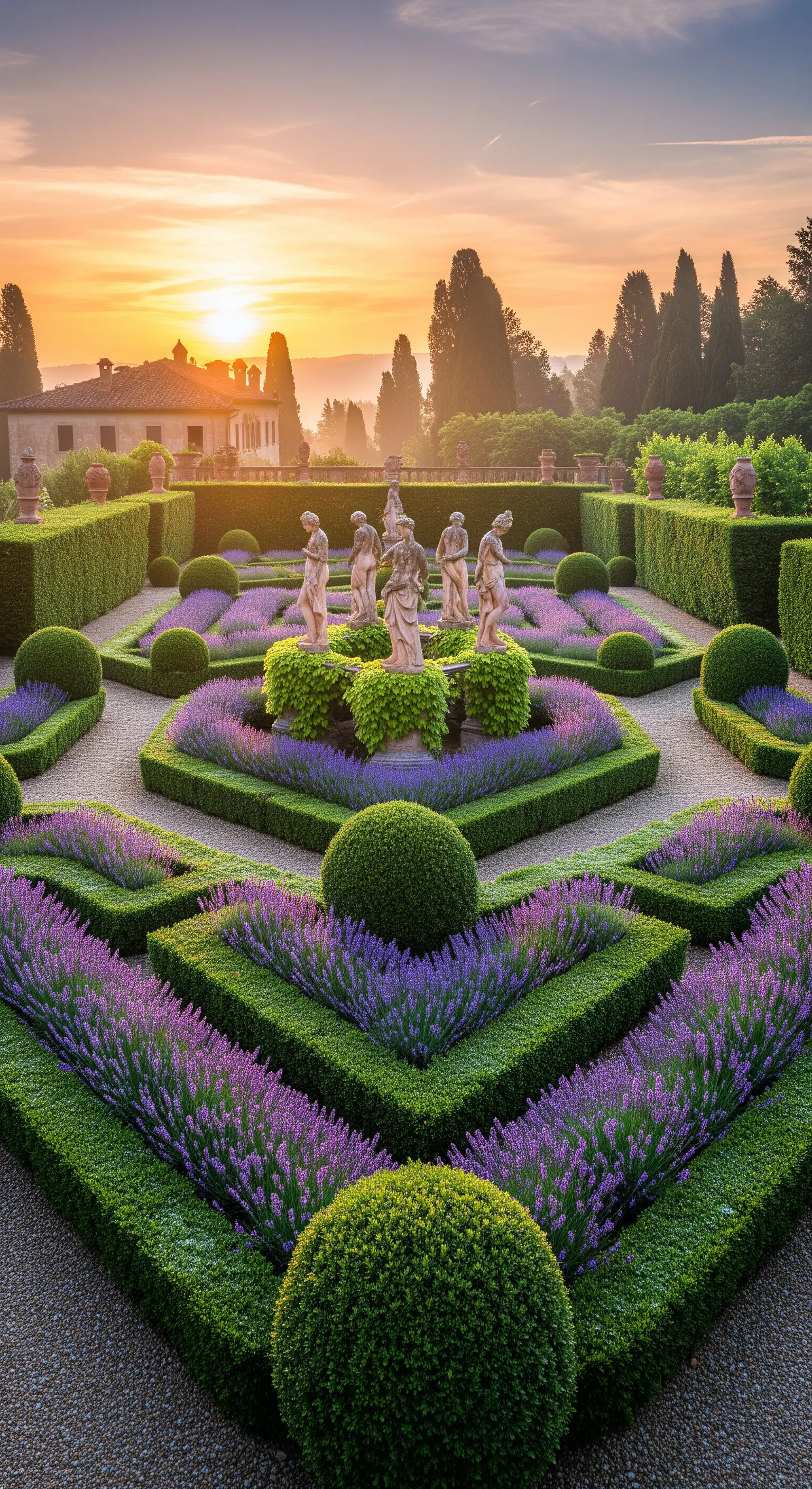 Geometrischer Garten mit Lavendelbeeten, geschnittenen Hecken und Statuen bei Sonnenuntergang