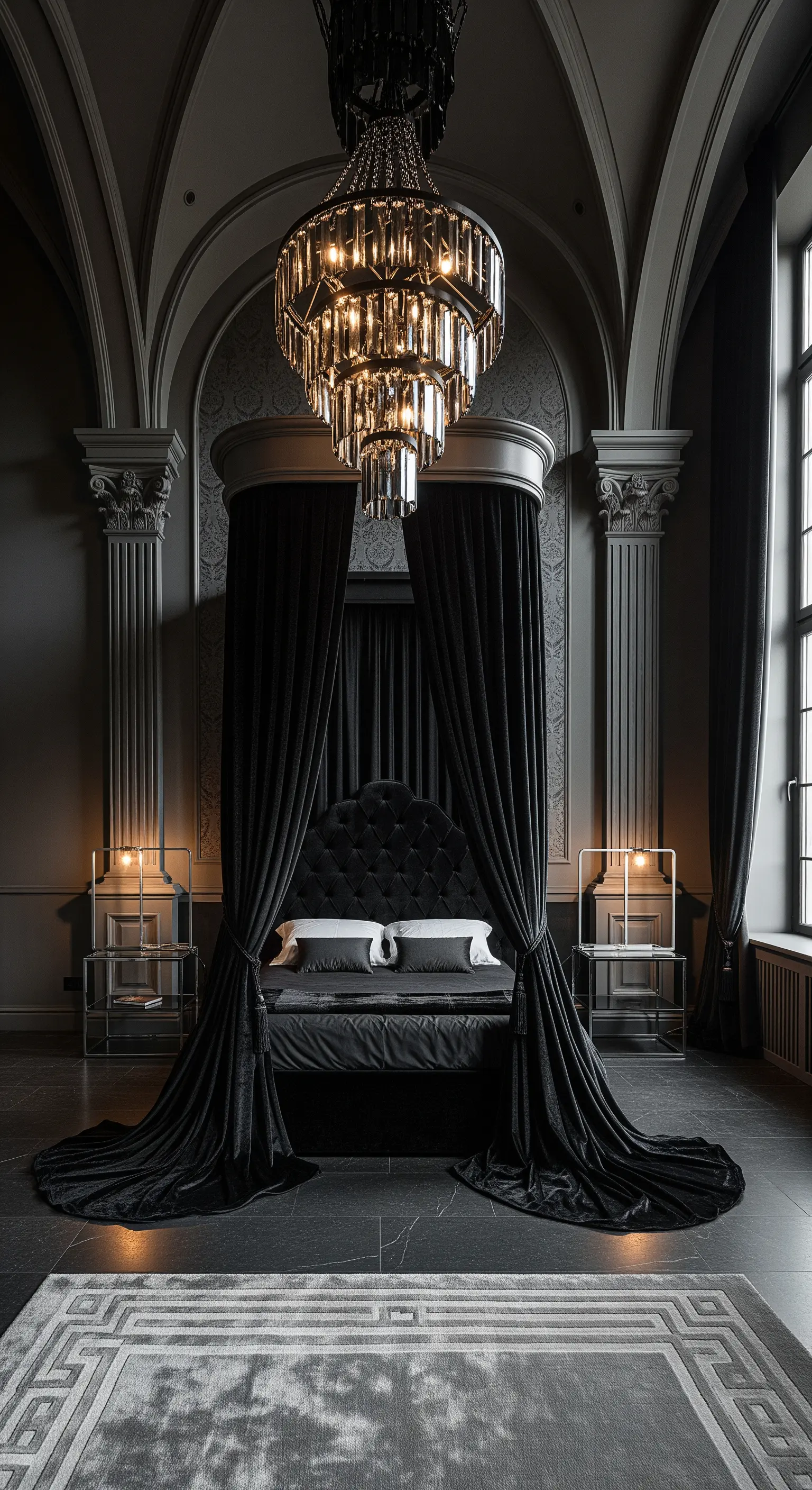 Himmelbett mit schwarzen Samtvorhängen, Kristall-Kronleuchter, barocker Stil, dunkles Grau