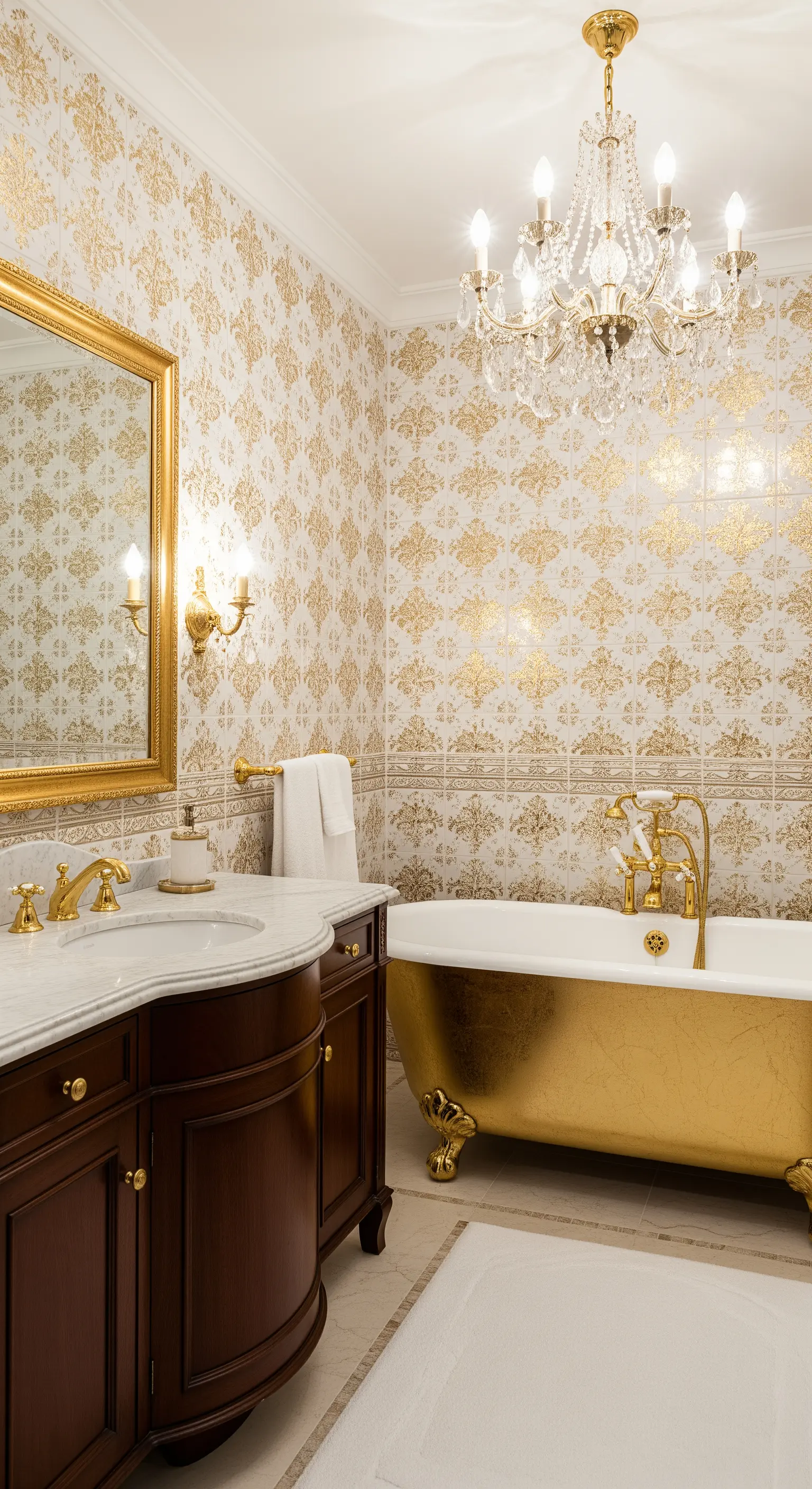Luxuriöses Badezimmer mit gold-weißen Damast-Fliesen und goldener Badewanne.