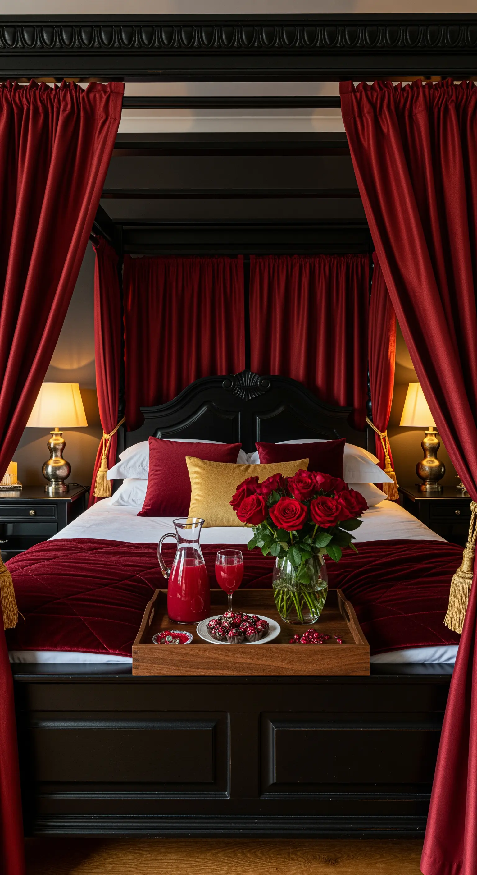 Barockes Luxus-Frühstück mit rotem Samt, Rosen und goldenen Akzenten im Himmelbett