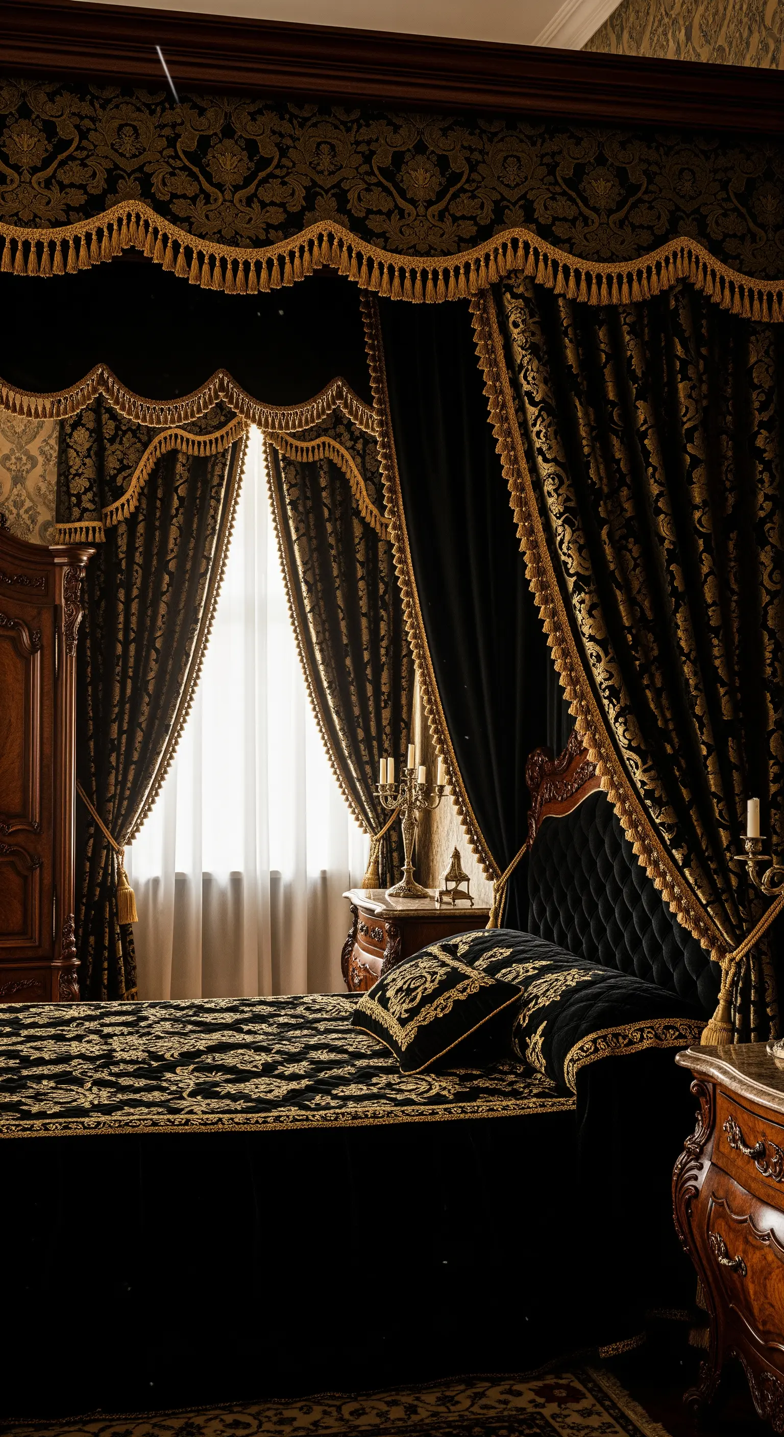 Barockes Himmelbett, schwarzer Samt, Goldverzierungen, antike Möbel, opulent