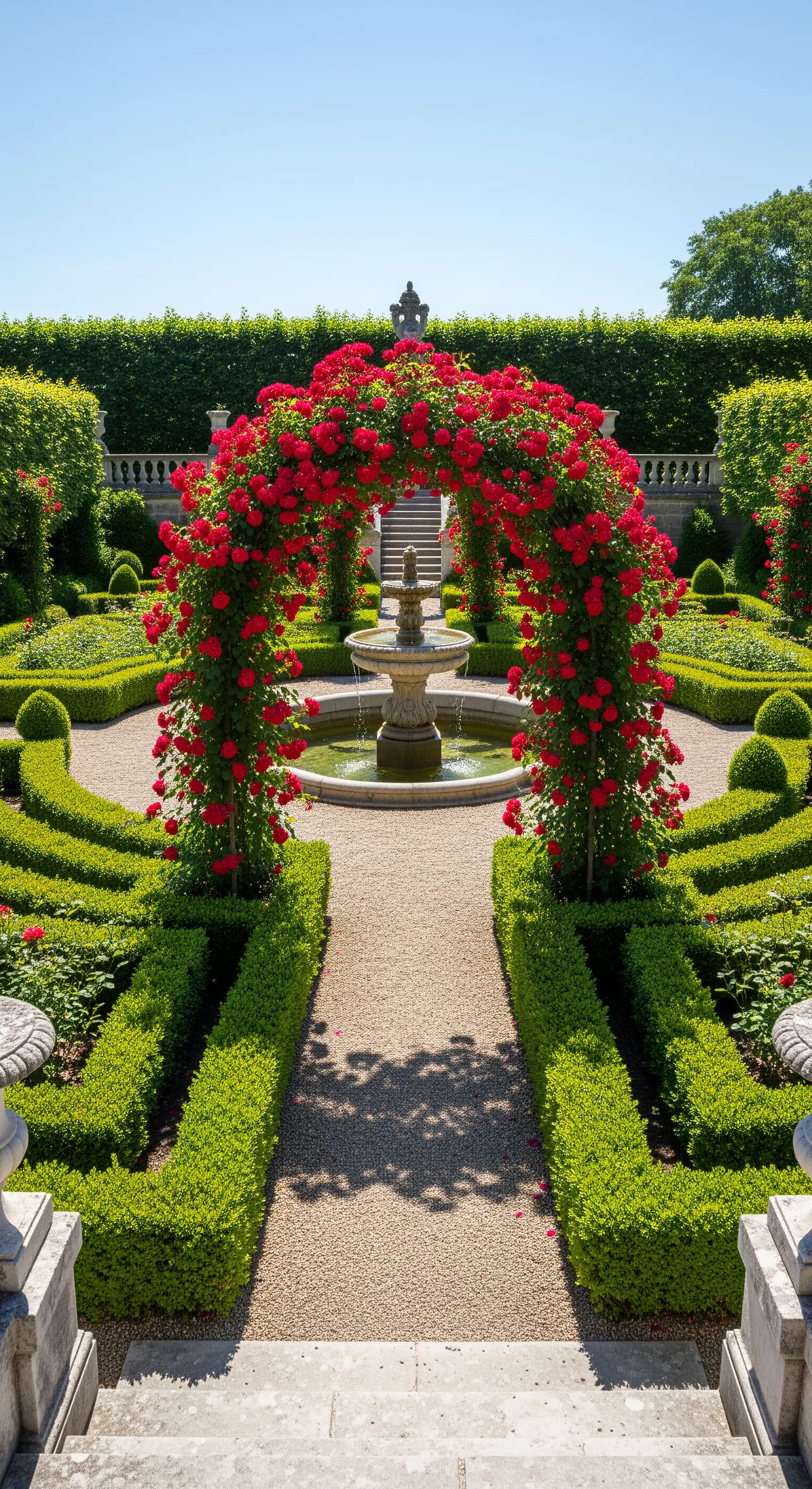 Rosengarten, Brunnen, formelle Hecken, roter Blütenbogen