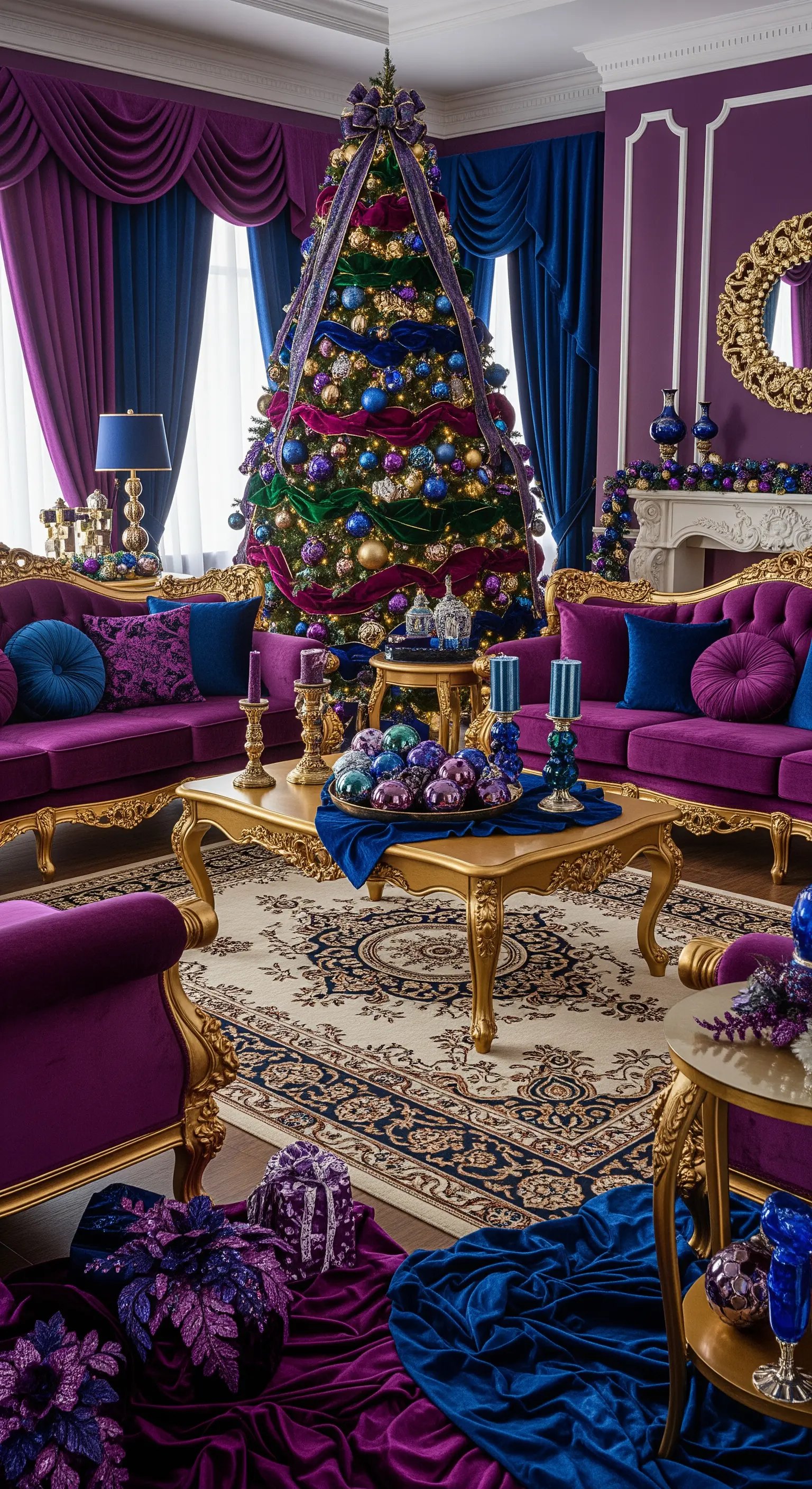 Barocke Weihnachtsdeko, Violett, Königsblau, Gold, opulenter Baum