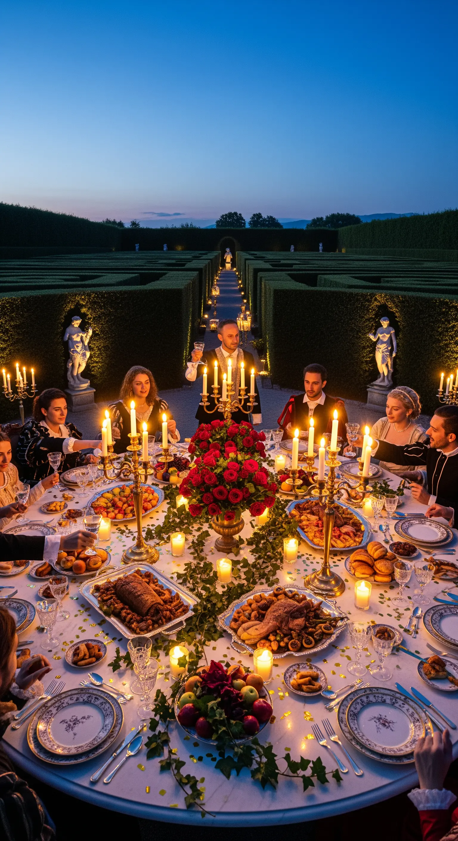 Barockes Dinner mit roten Rosen, Kerzenleuchtern, opulentem Geschirr im Garten.