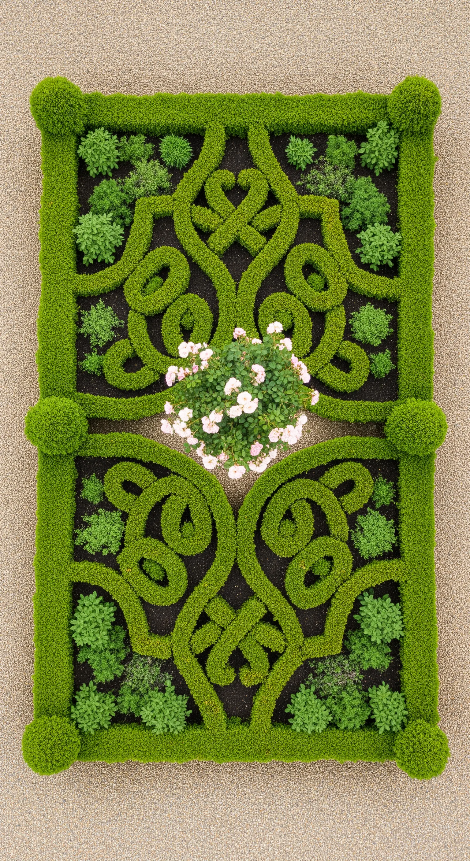 Buchsbaumornament, zentrale Rose, barockes Parterre, formaler Garten.