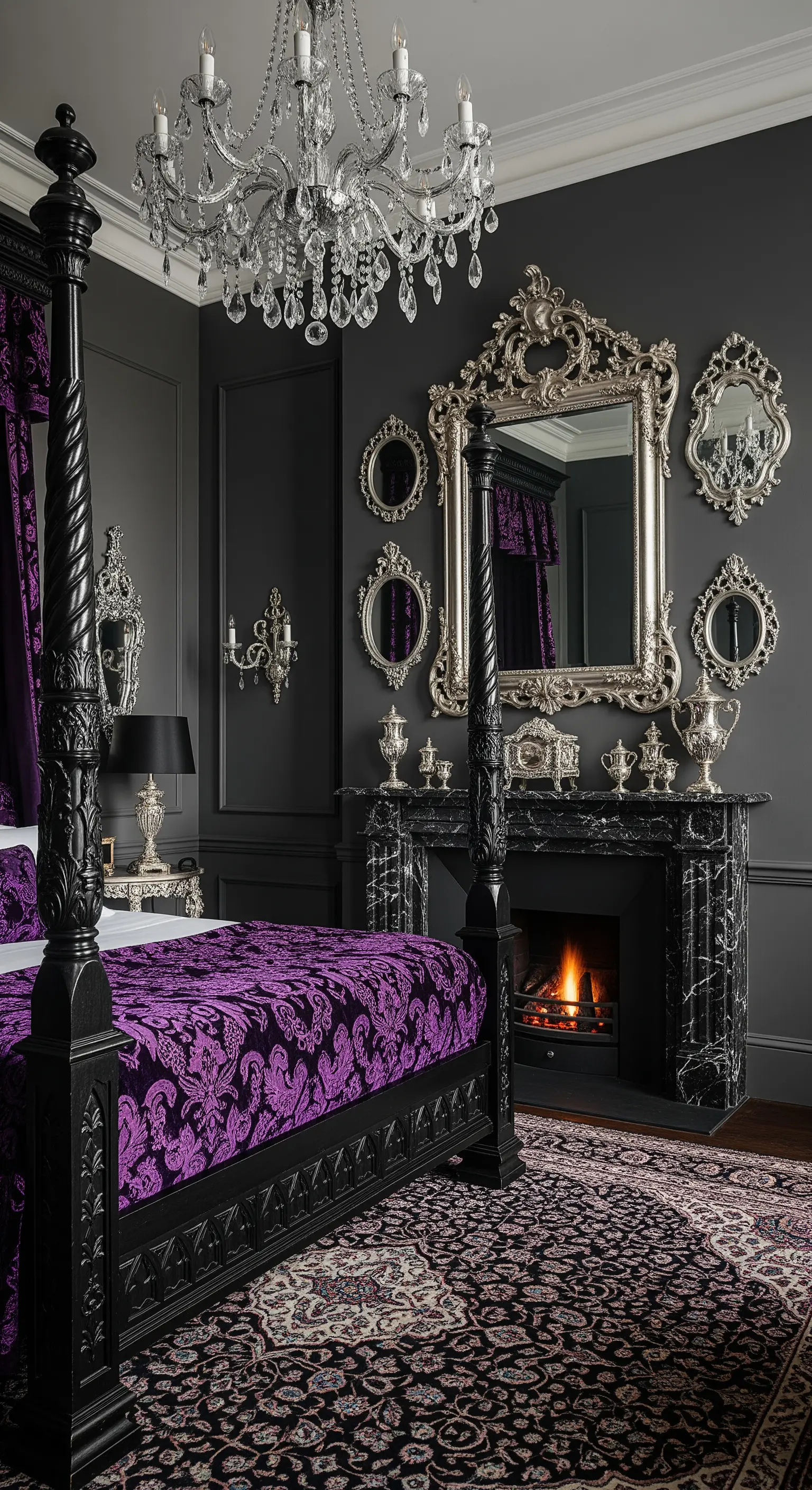 Schwarzes Himmelbett, violette Damast-Bettwäsche, barocker Spiegel, Marmorkamin, opulent