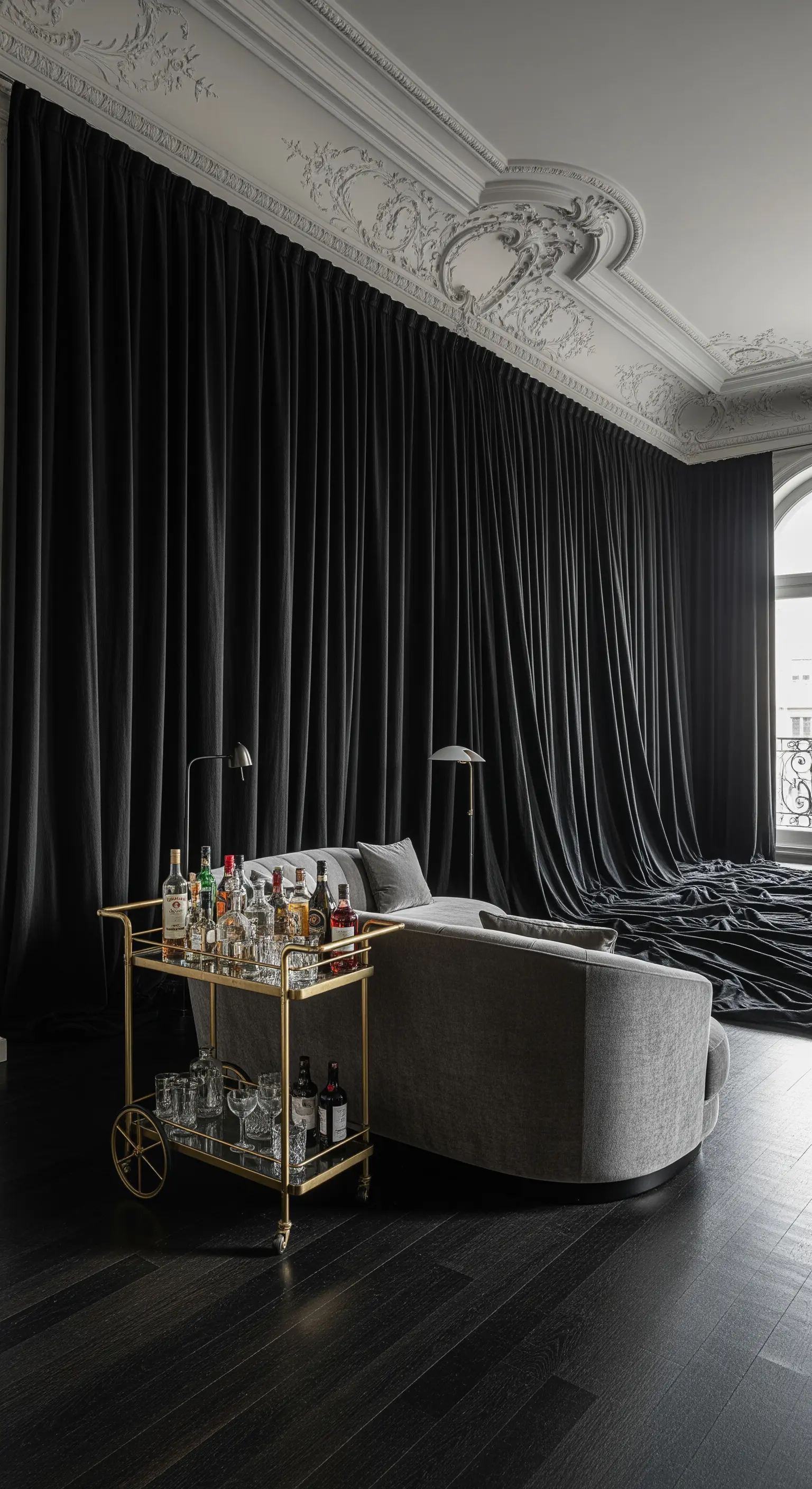 Goldener Barwagen in Altbauwohnung mit schwarzen Samtvorhängen und Stuckdecke
