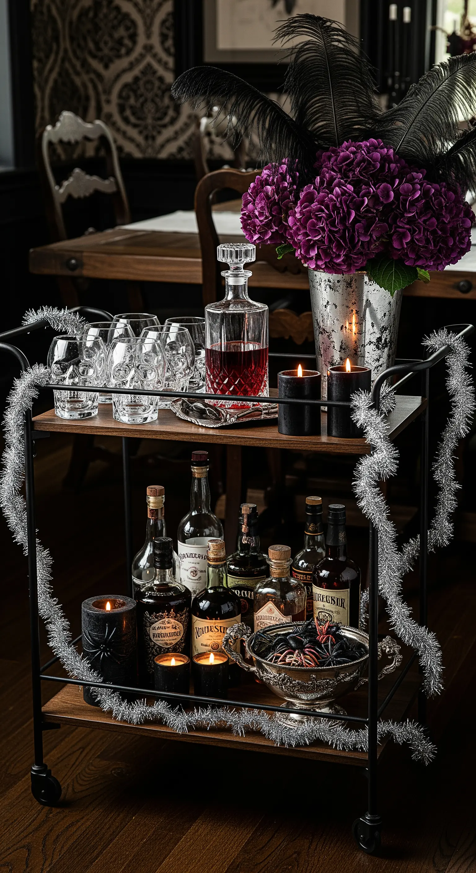 Halloween-Barwagen mit Tränken, dunklen Kerzen und Feder-Bouquet.