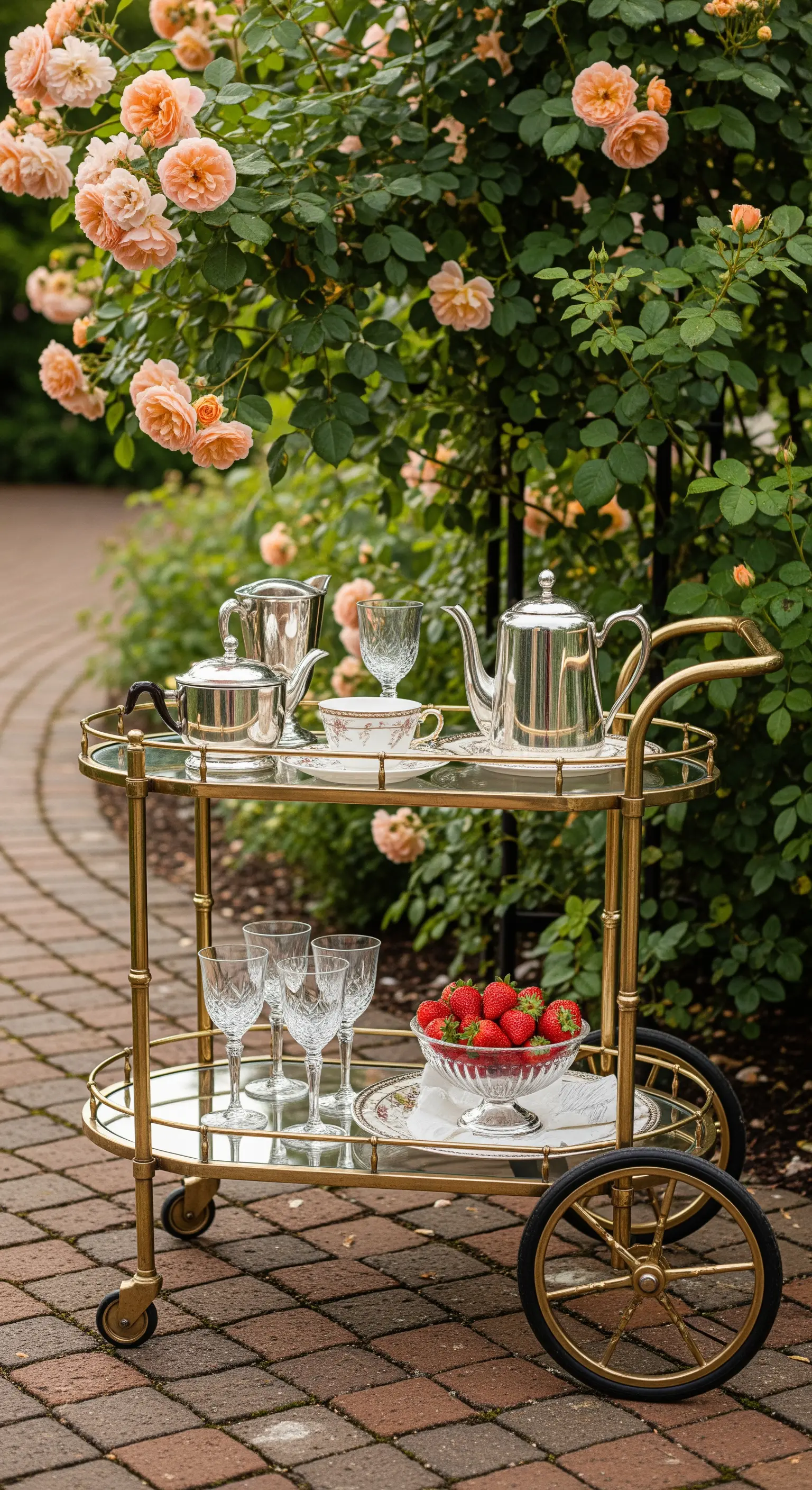 Goldener Barwagen mit Teeservice und Erdbeeren vor blühendem Rosenbusch