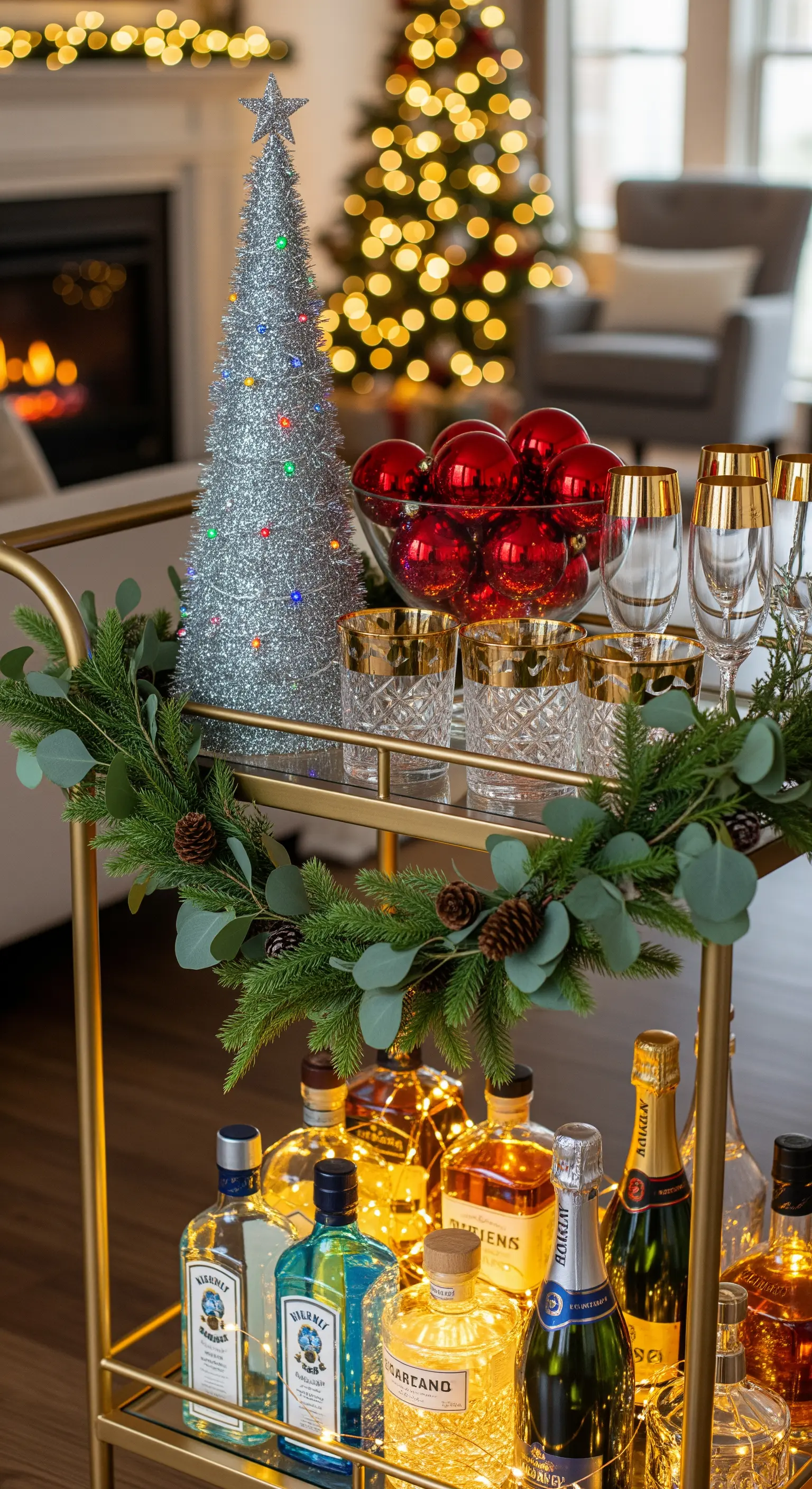 Festlicher Barwagen mit glitzerndem Baum, roten Kugeln und Tannengirlande.