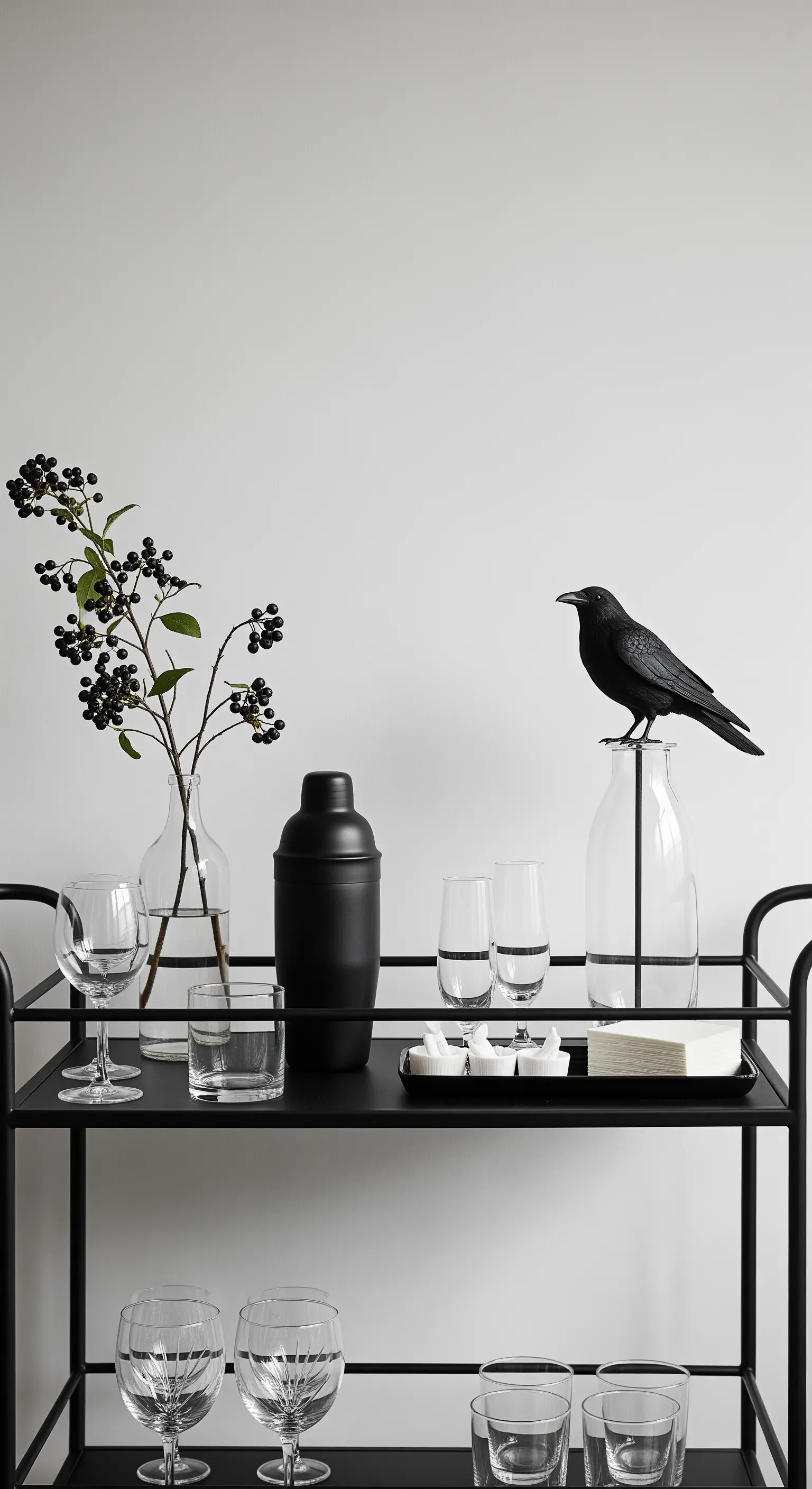 Barwagen mit schwarzem Shaker, Gläsern, Beeren und einem schwarzen Raben als Deko.