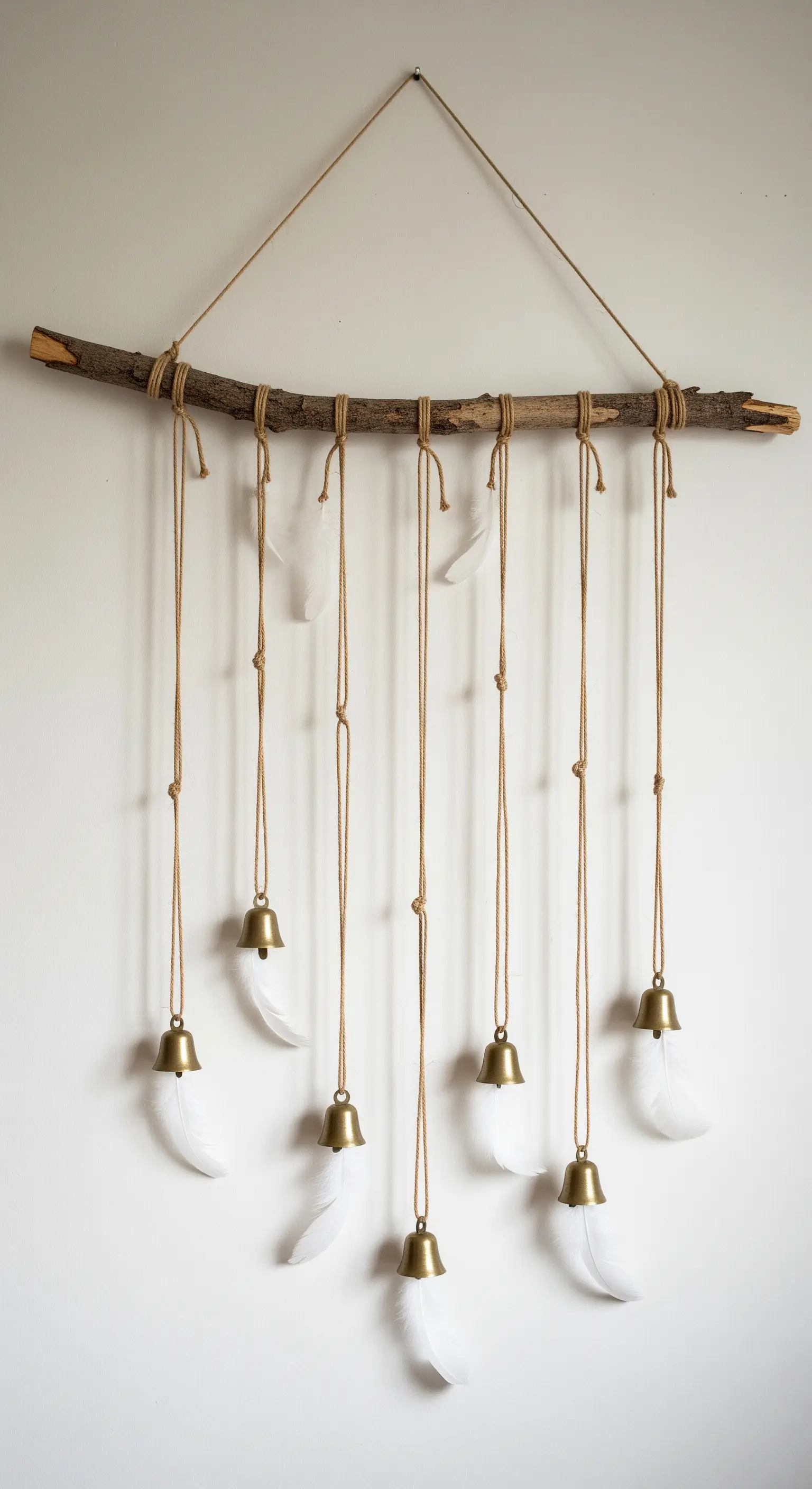 DIY-Wandbehang aus einem Ast, an dem Schnüre mit kleinen Glöckchen und Federn hängen.
