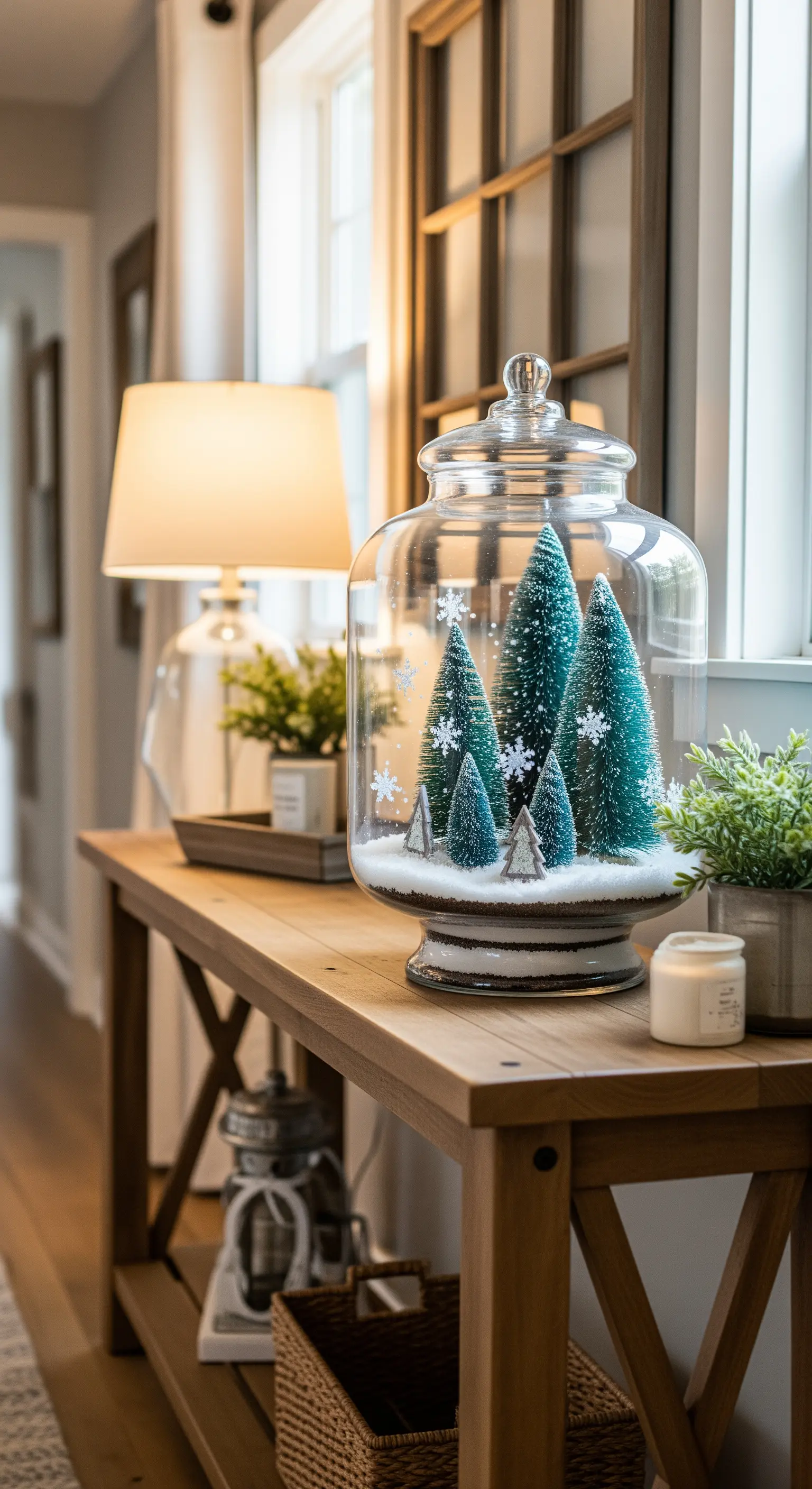 Großes Glasgefäß mit Mini-Tannenbäumen, Kunstschnee und Schneeflocken-Stickern