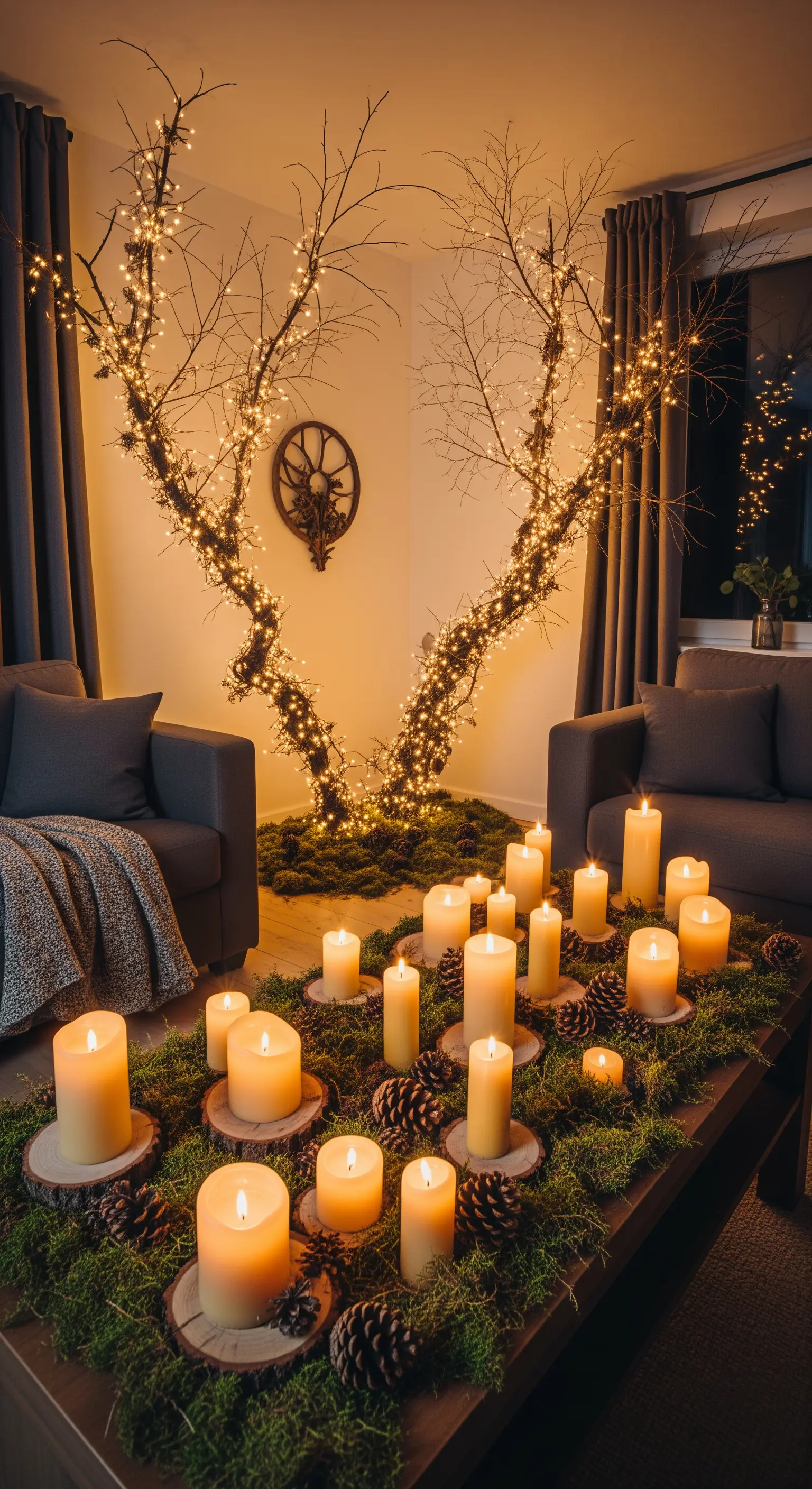 Mit Lichterketten umwickelte Äste in einer Ecke und ein Tisch voller Moos und Kerzen.