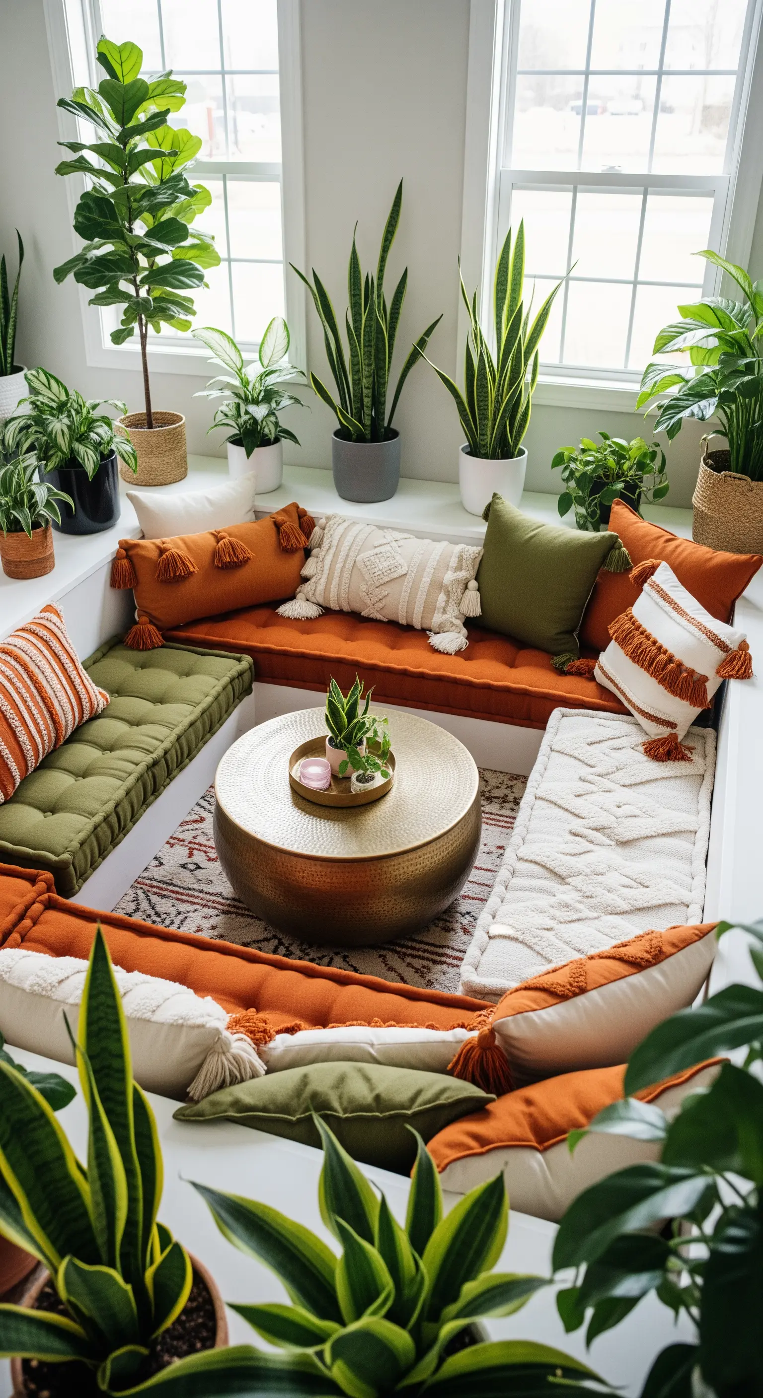Eine versunkene Sitzecke mit bunten Kissen und vielen Pflanzen in einer hellen Ecke.