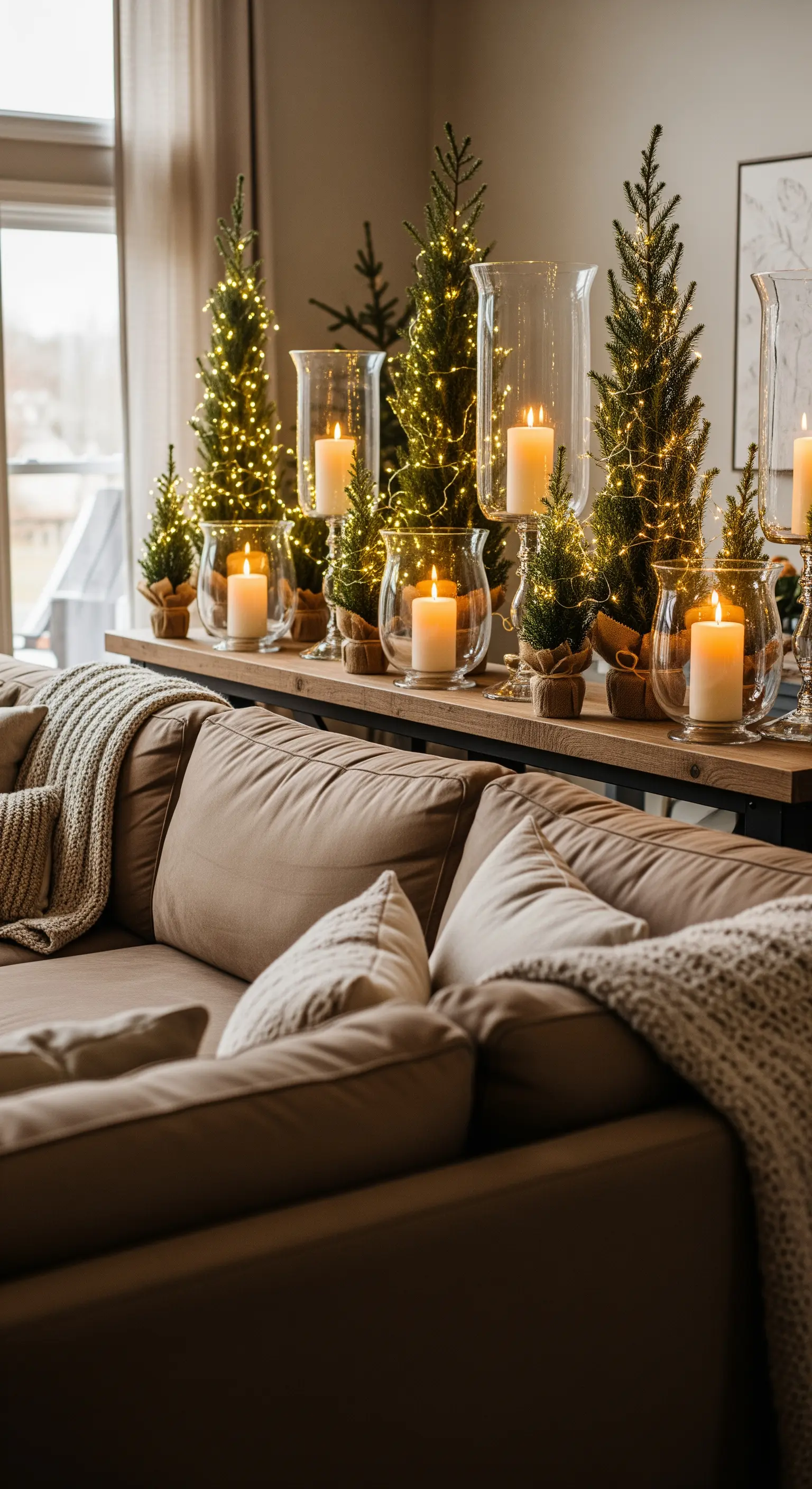 Konsolentisch hinter einem Sofa, dekoriert mit beleuchteten Mini-Weihnachtsbäumen und Kerzen.