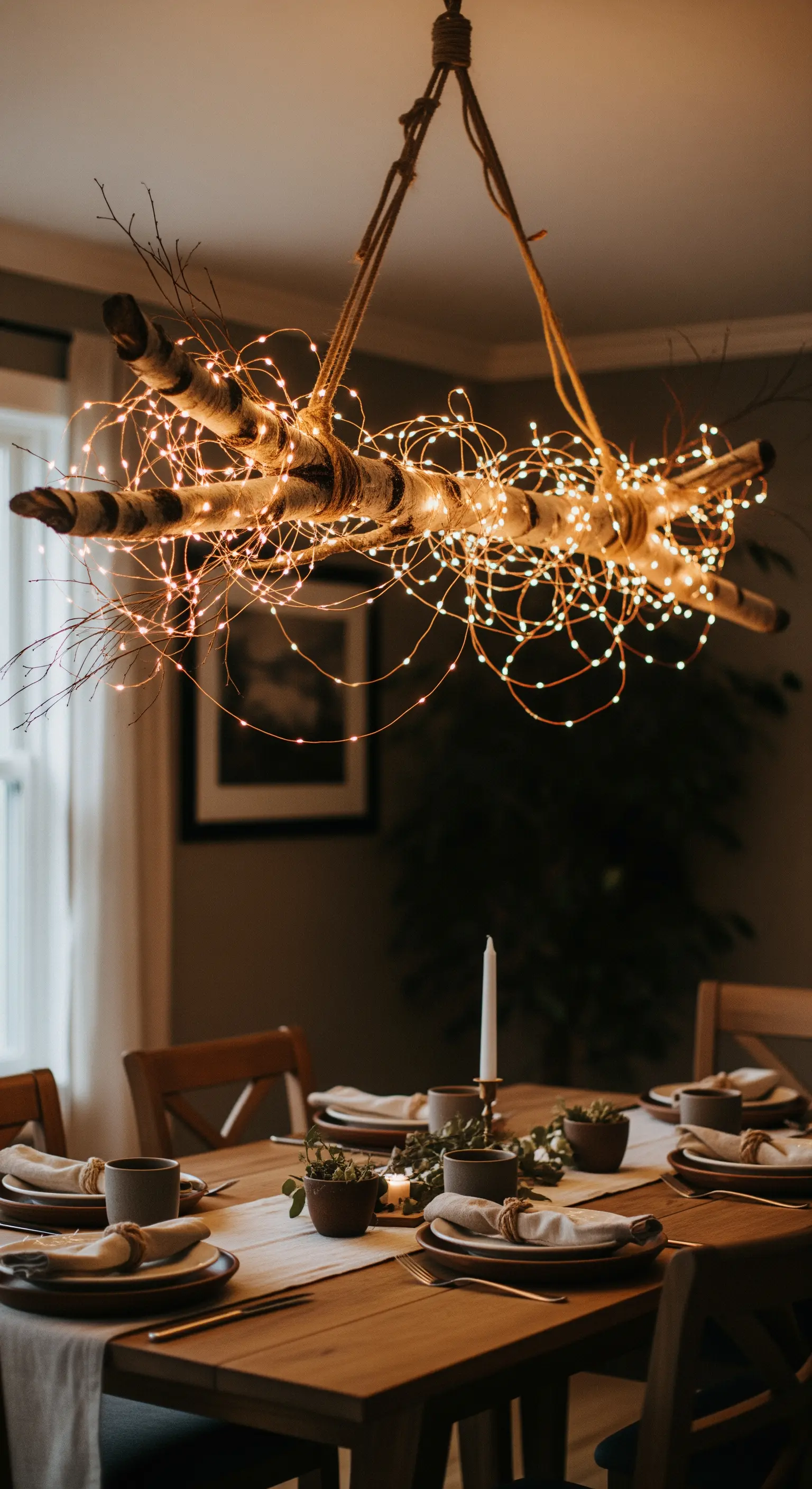DIY-Kronleuchter aus Ästen und Lichterketten hängt über einem gedeckten Esstisch.