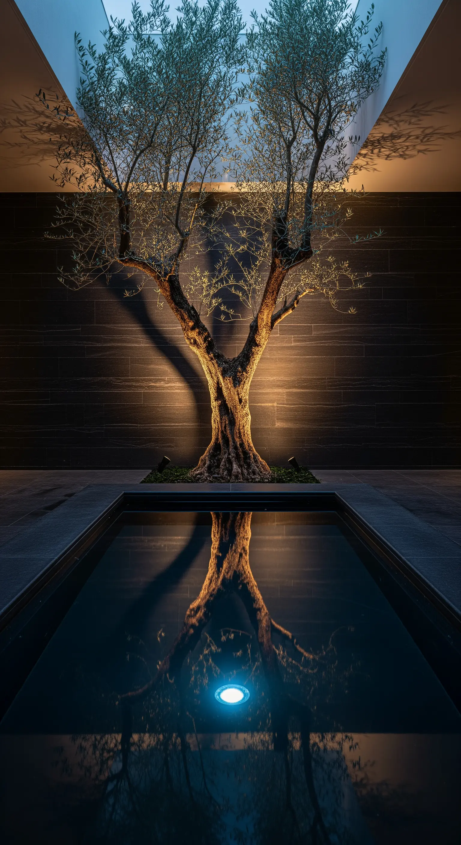 Dramatisch beleuchteter Baum in einem Innenhof mit Wasserbecken, Bodenstrahlern und Unterwasserlicht