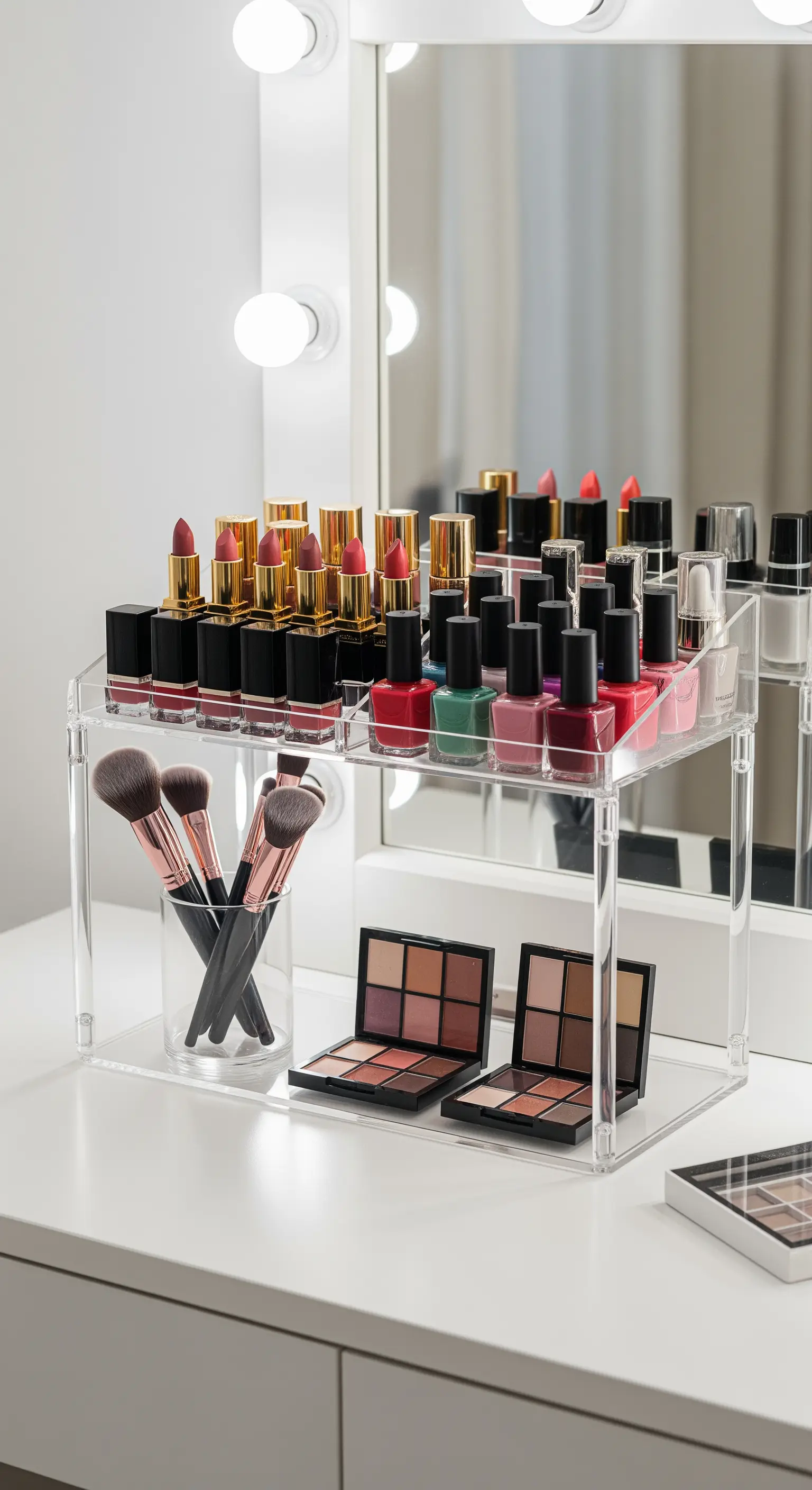 Transparente Acryl-Etagere zur Organisation von Make-up und Kosmetik.