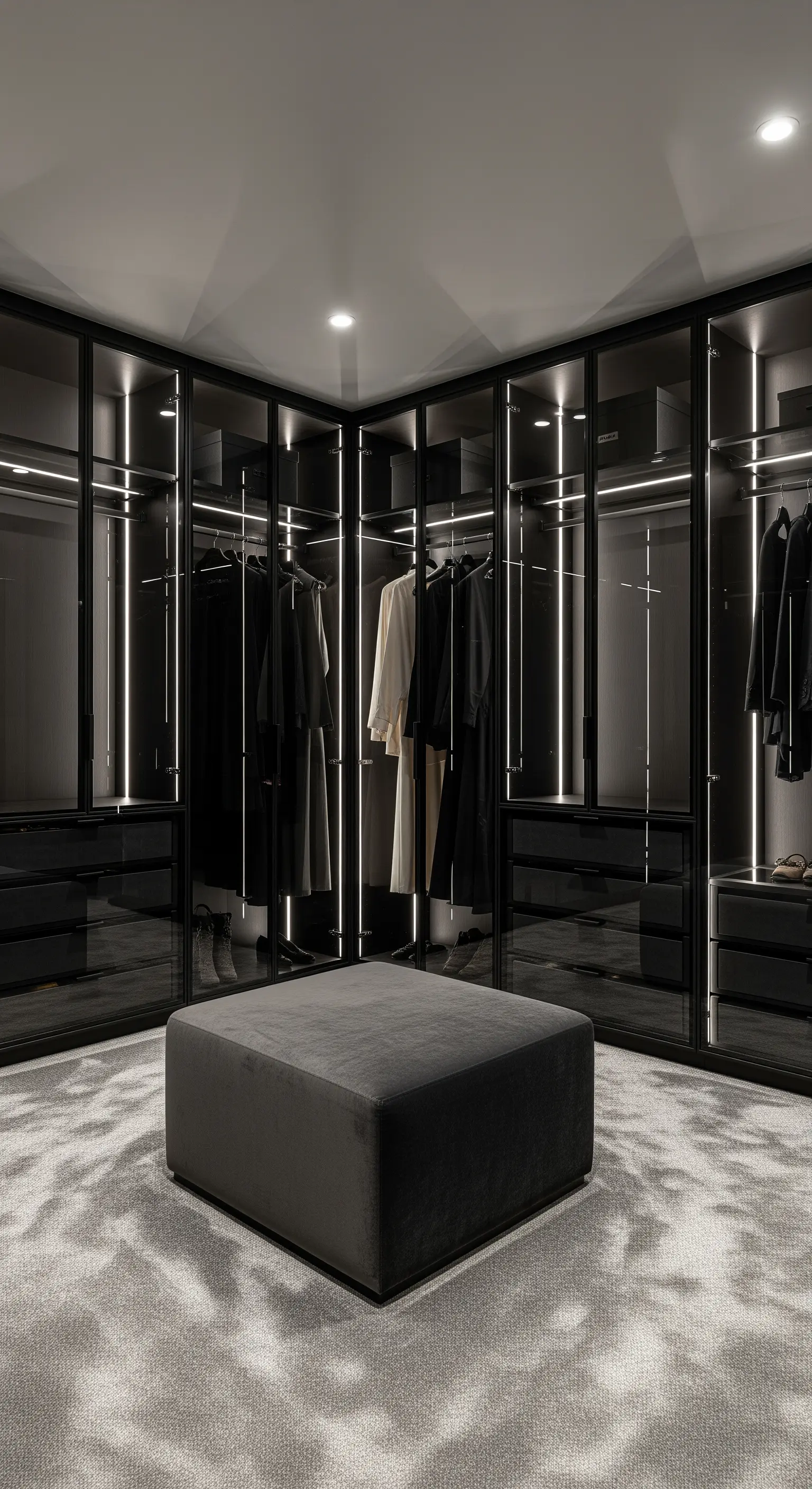 Begehbarer Kleiderschrank mit schwarzen Glasvitrinen, LED-Beleuchtung und grauem Ottoman