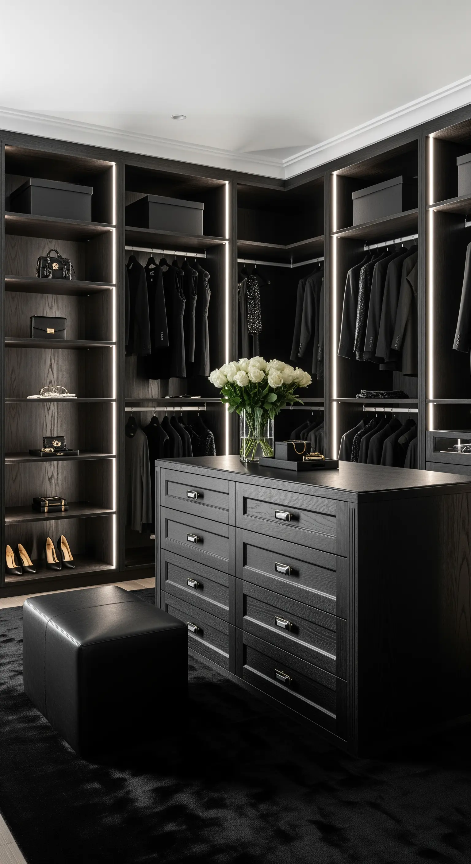 Begehbarer Kleiderschrank in Schwarz mit LED-Beleuchtung und Insel