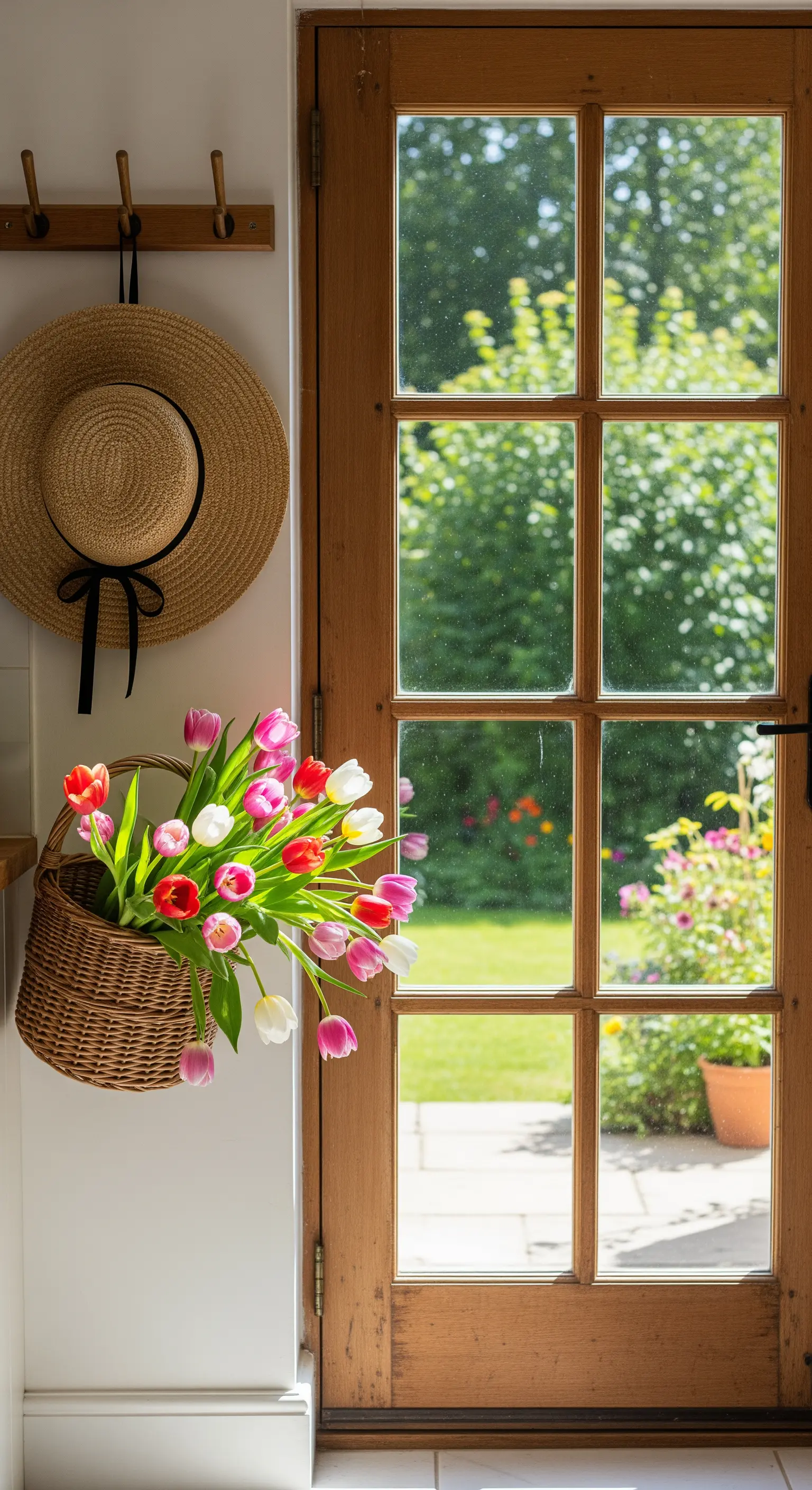 Hängekorb mit bunten Tulpen und Strohhut am Eingang
