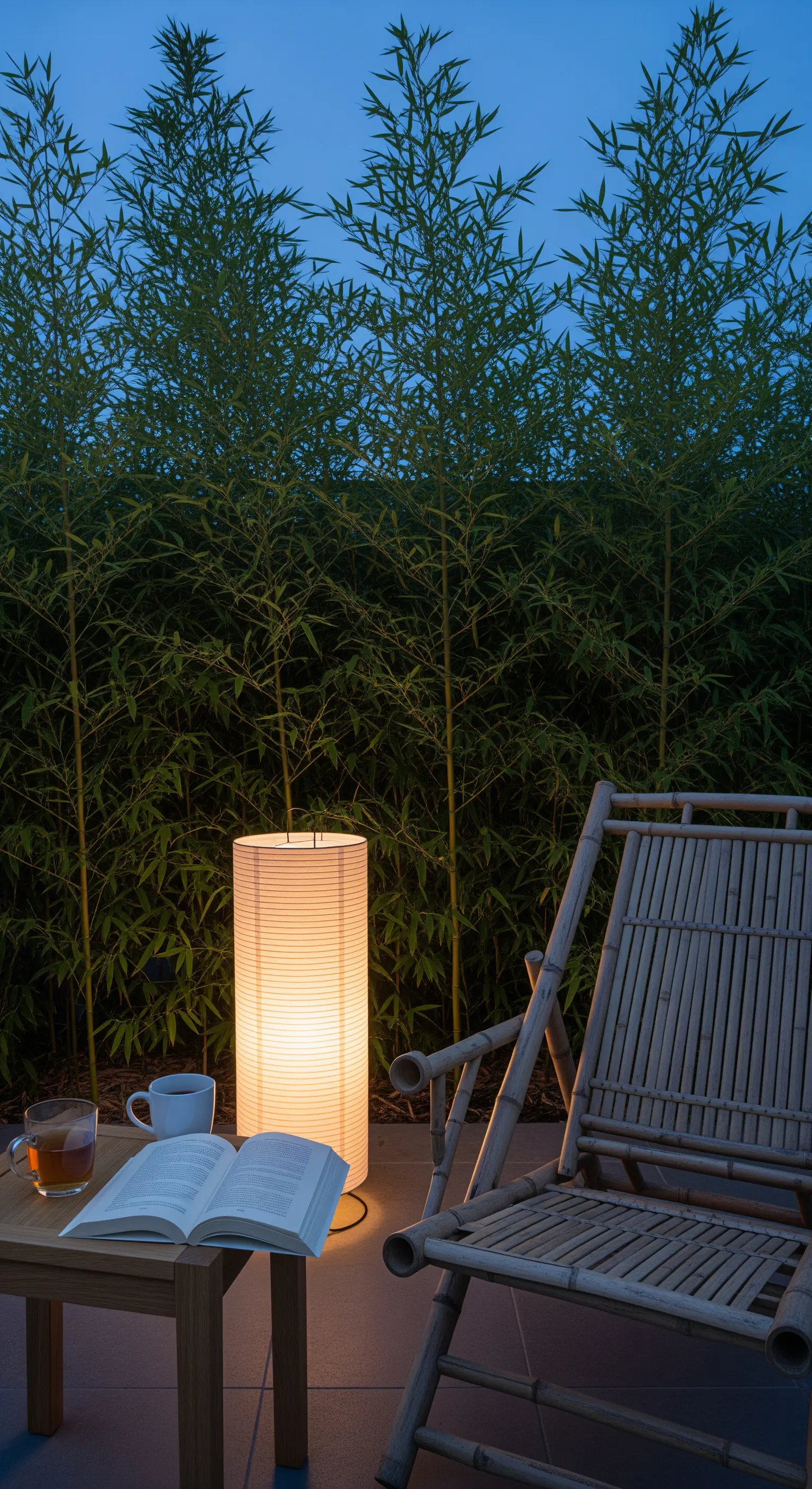 Bambussessel mit Beistelltisch und hoher Papierlaterne vor Bambuspflanzen am Abend