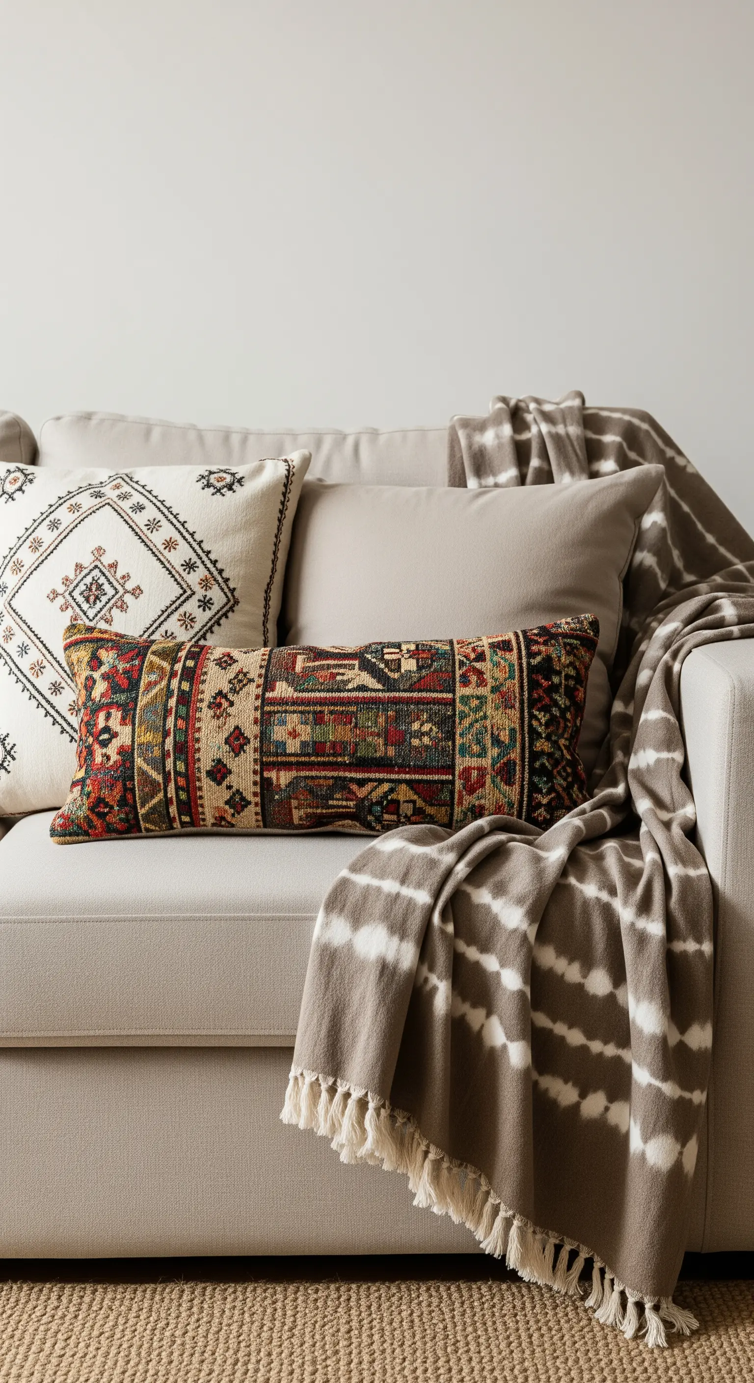 Nahaufnahme eines beigen Sofas mit einer kuratierten Mischung aus gemusterten und texturierten Kissen.