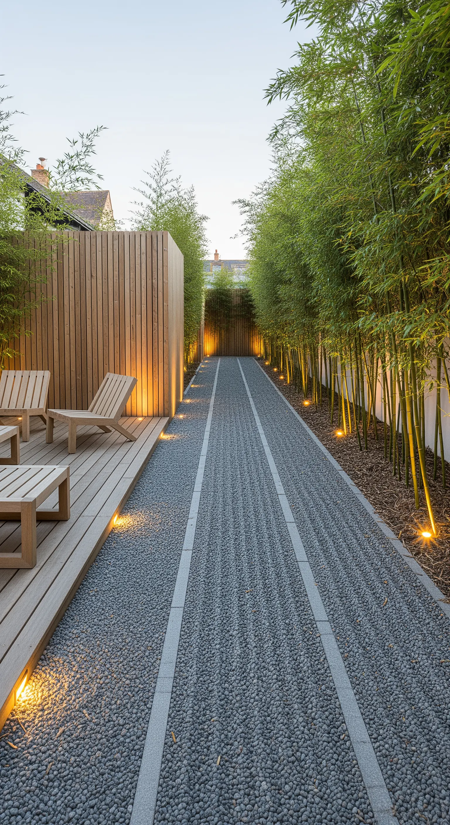 Langer Japandi-Garten mit beleuchtetem Kiesweg und Holzdeck