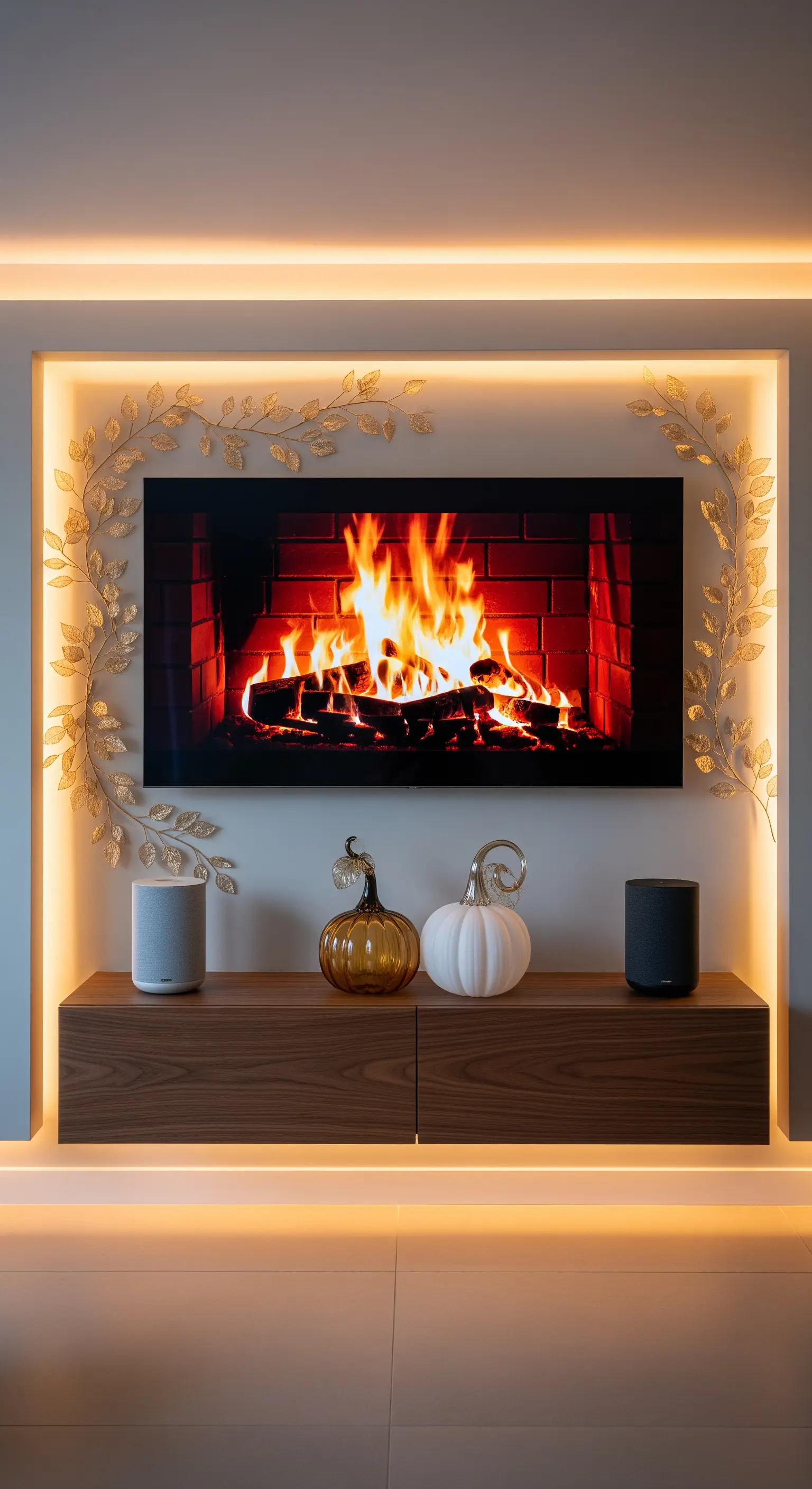 Medienwand mit LED-Beleuchtung, goldenen Blättern und Herbst-Kürbissen.