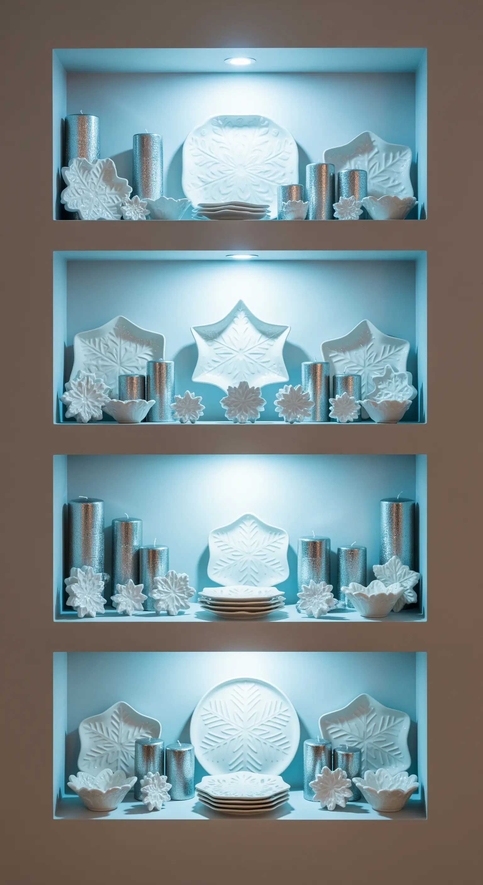 Wandschränke mit blauer Beleuchtung, gefüllt mit weißem Porzellan, silbernen Kerzen und Schneeflocken