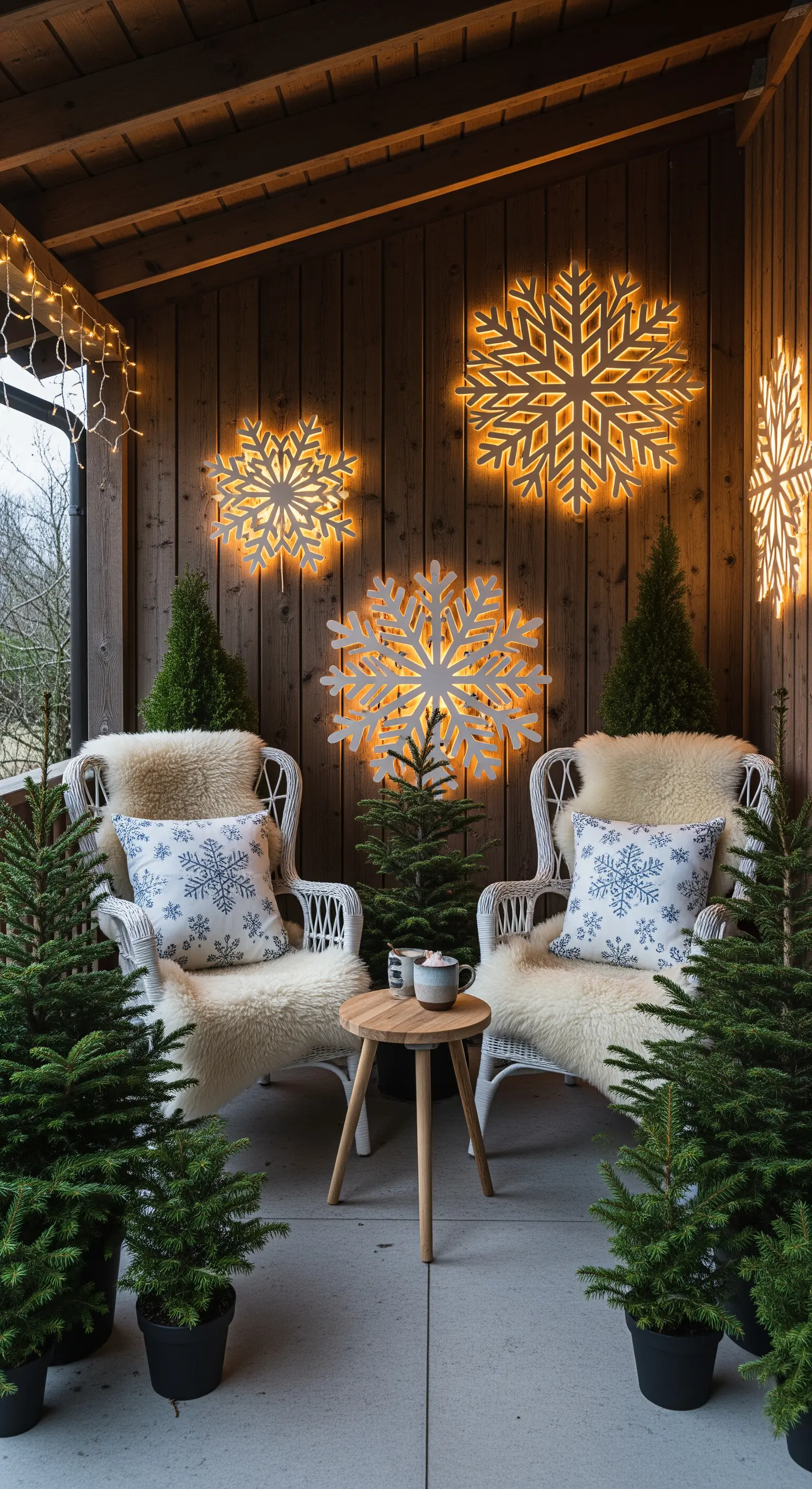 Balkon mit beleuchteten Schneeflocken an der Wand, Korbstühlen, Schaffellen und Tannenbäumen