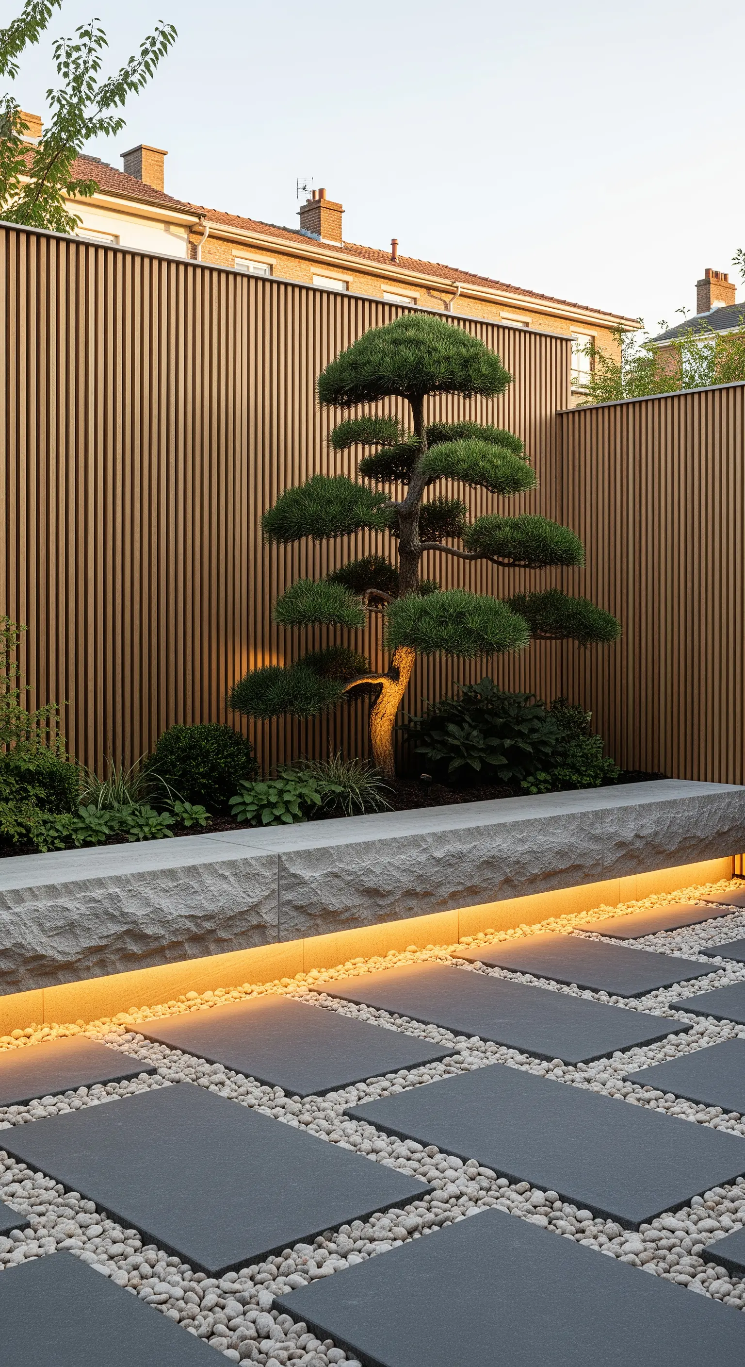 Japandi Garten mit beleuchteter Steinbank, Kiesel und japanischem Ahorn