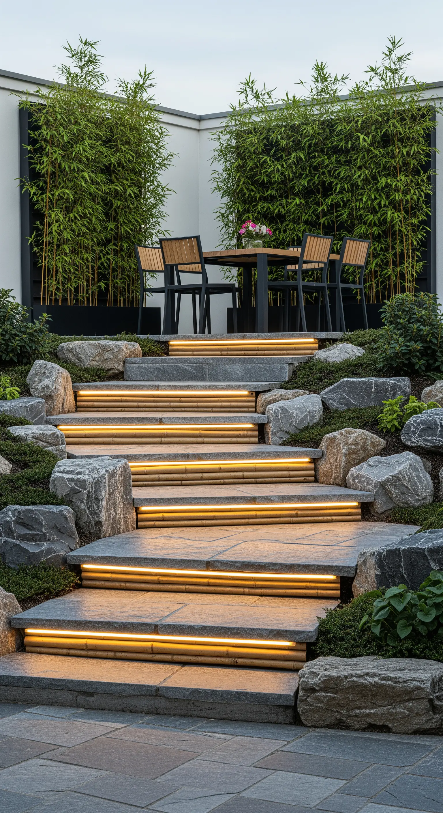 Beleuchtete Steinstufen mit integrierten Bambuslichtern und Bambuswand