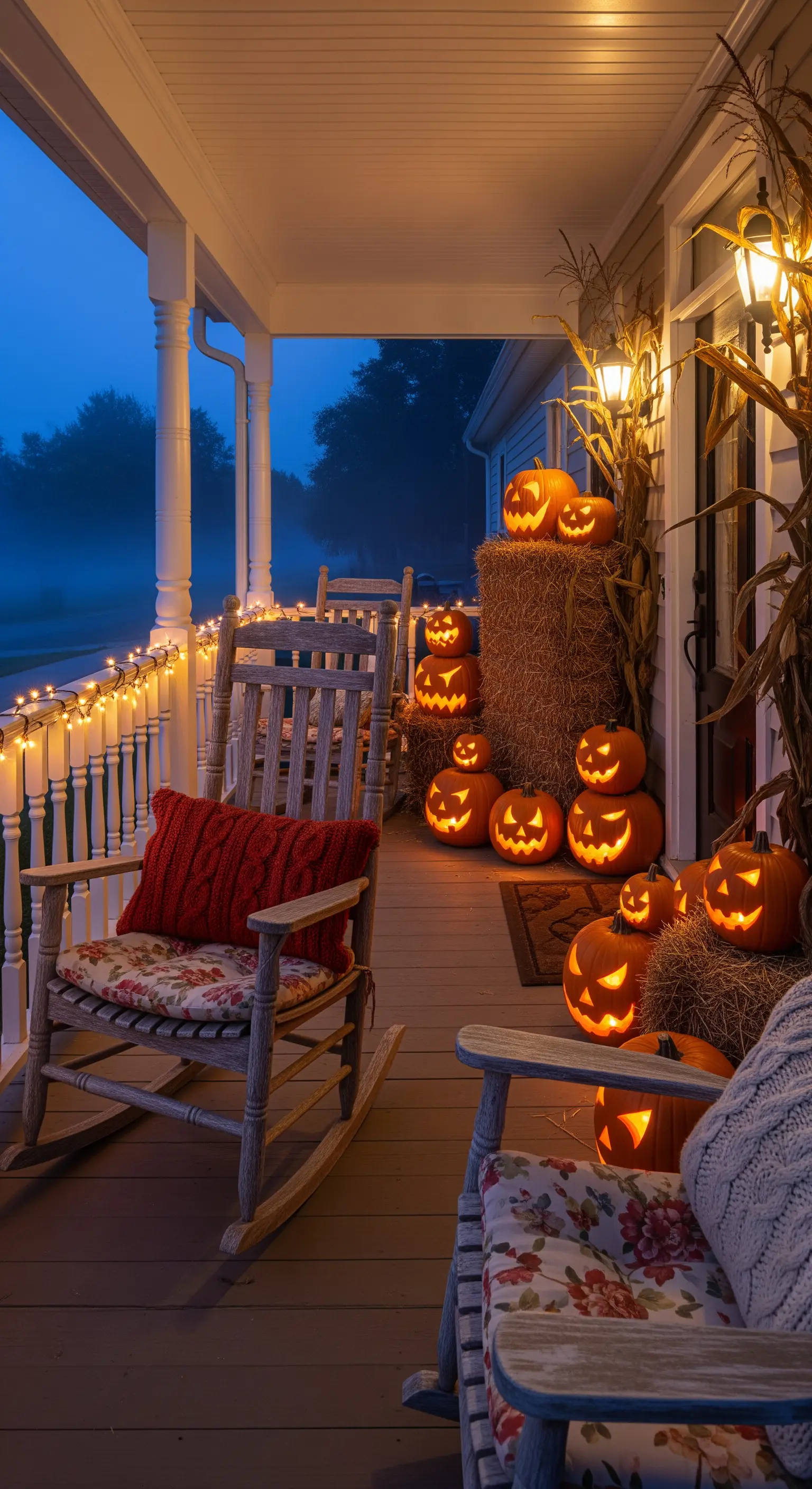Veranda mit leuchtenden Kürbissen, Strohballen, Maisstängeln und Lichterketten.