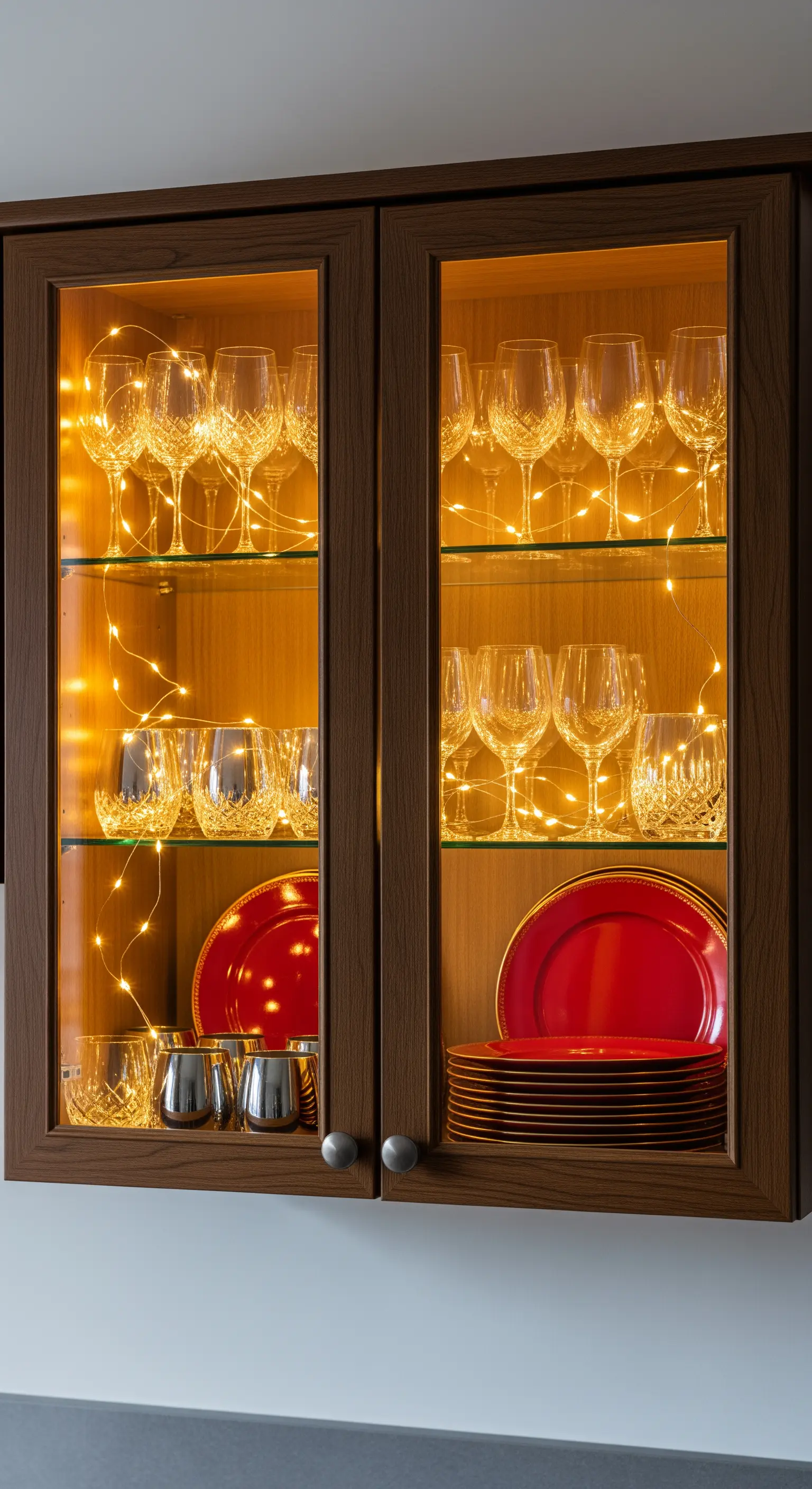 Vitrinenschränke mit Lichterketten, roten Tellern und Gläsern.