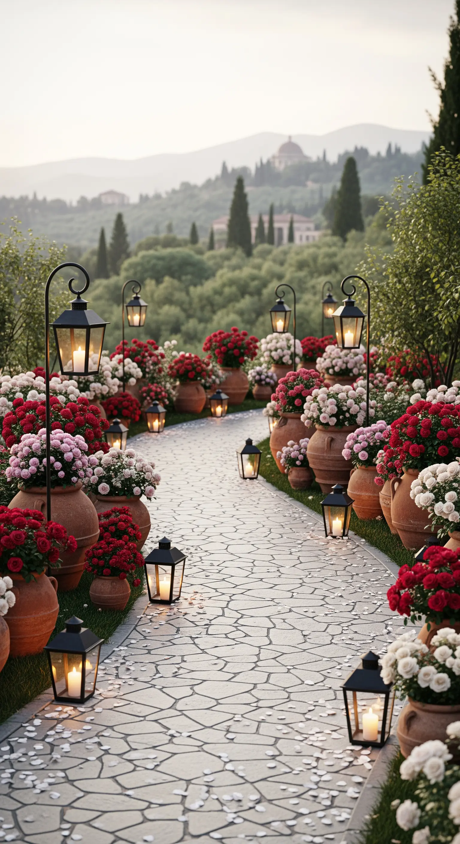 Beleuchteter Gartenweg mit Laternen und Rosen