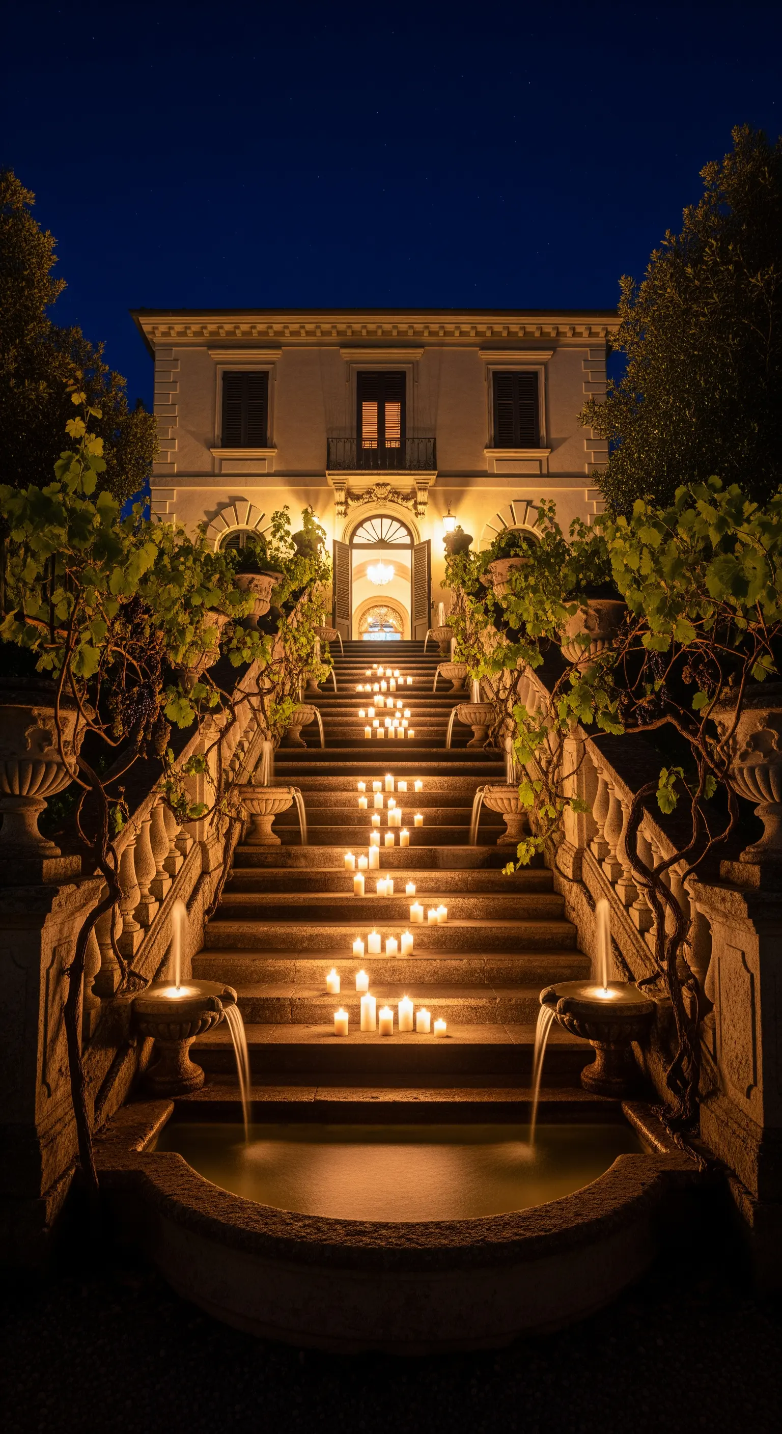 Beleuchtete Freitreppe mit Kerzen, Kaskadenbrunnen und Weinranken zum Gebäude