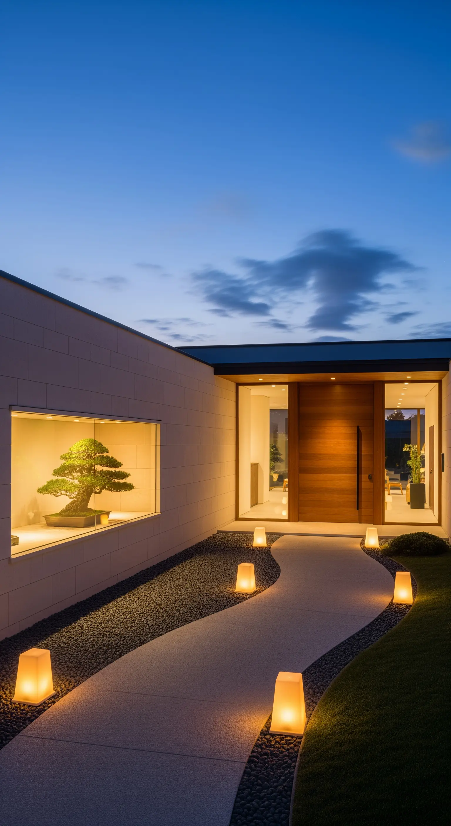 Geschwungener Kiesweg mit Laternen und beleuchtetem Bonsai in einer Wandnische am Abend