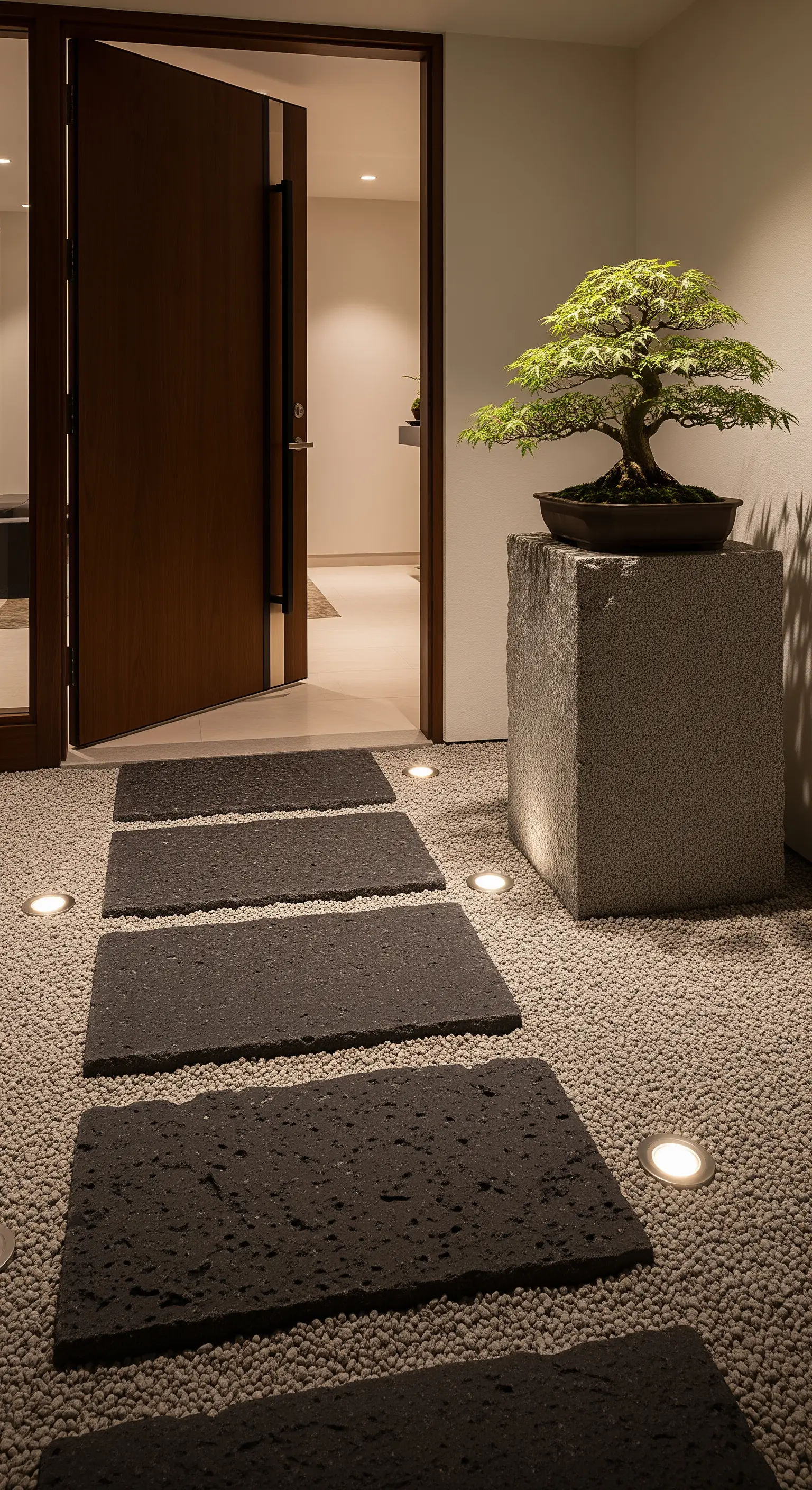 Eingangsbereich mit dunklen Trittsteinen, Bodenlichtern und Bonsai auf Steinpodest