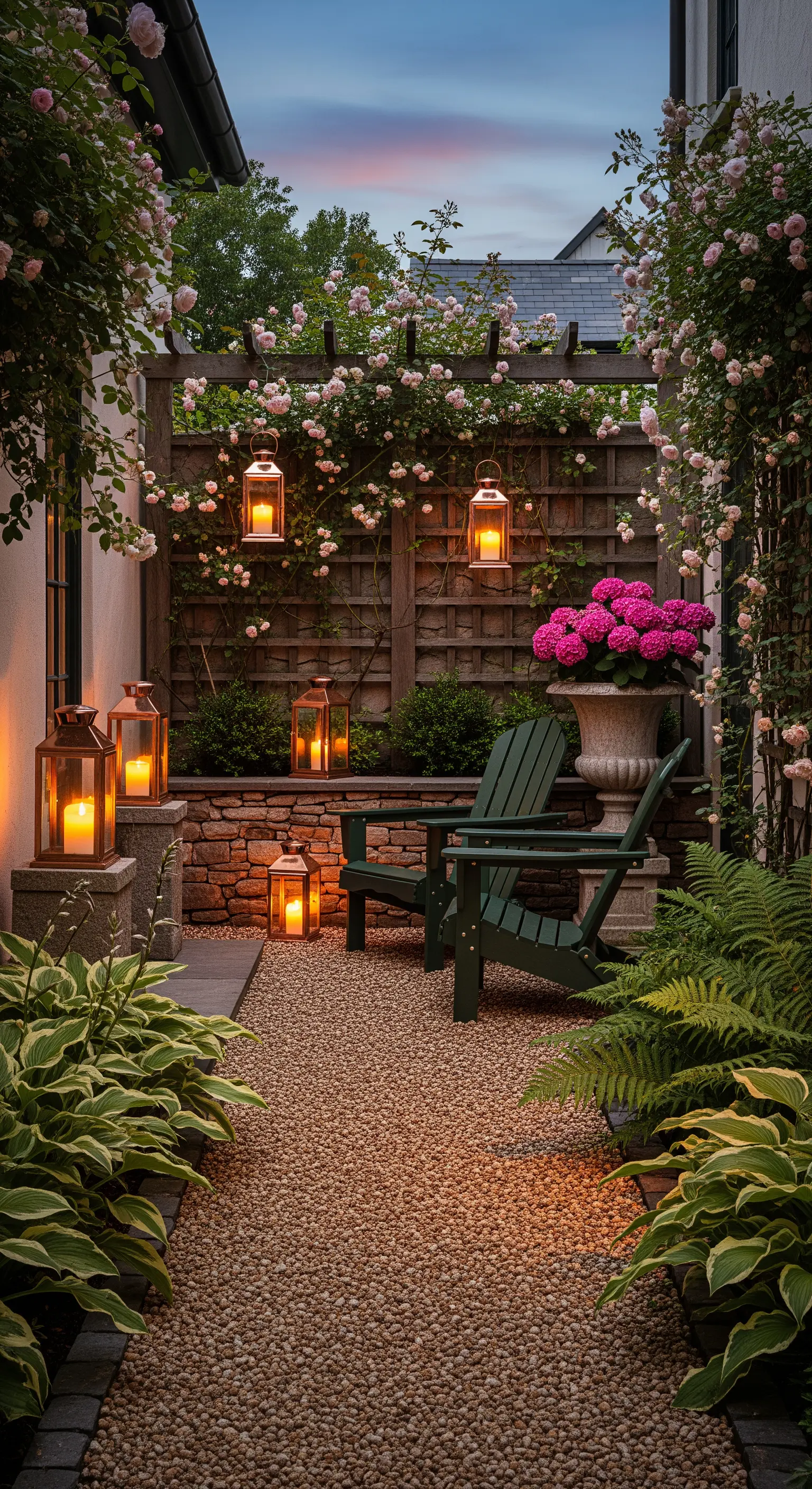 Gartenbereich mit Kletterrosen-Pergola, Adirondack-Stühlen und Laternen