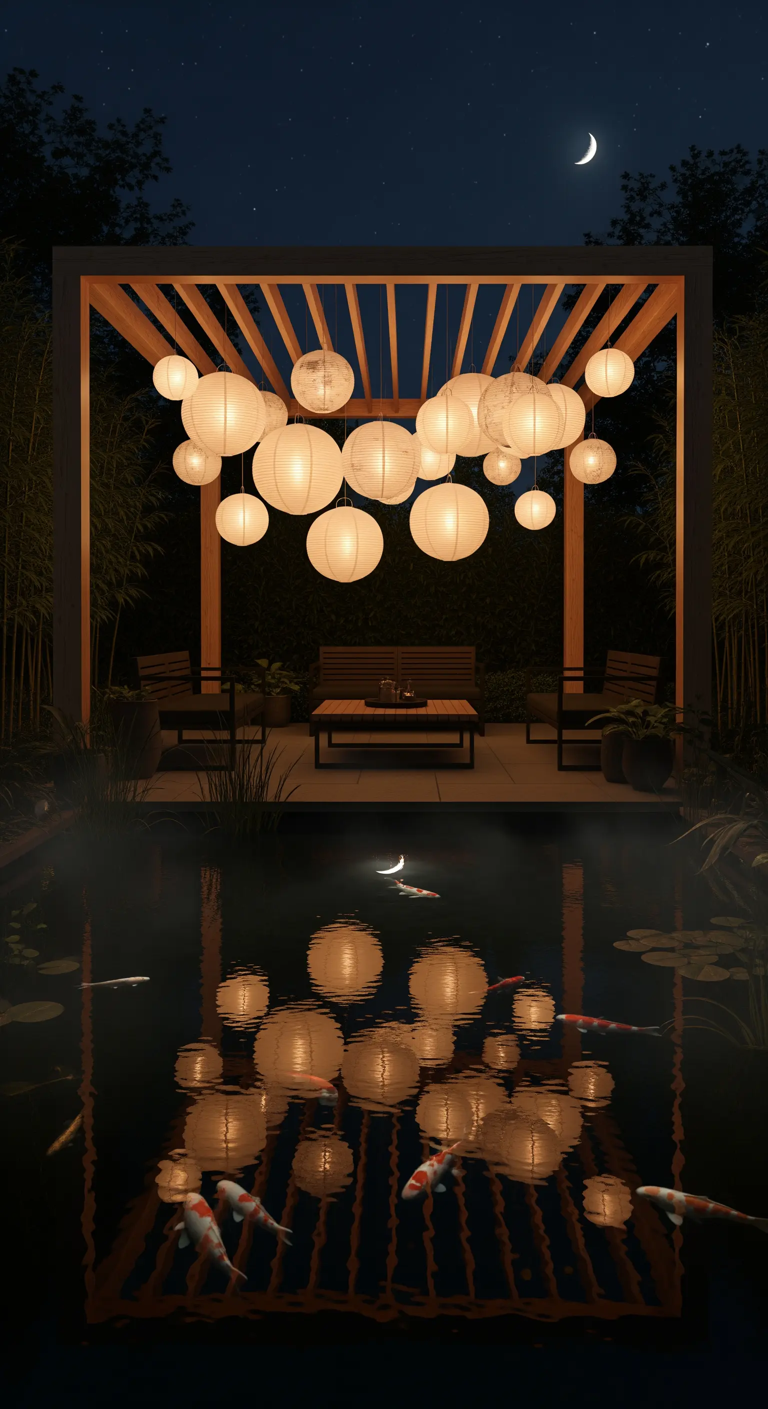 Japandi Teich mit schwimmenden Laternen, Koi-Karpfen und beleuchteter Holzpergola