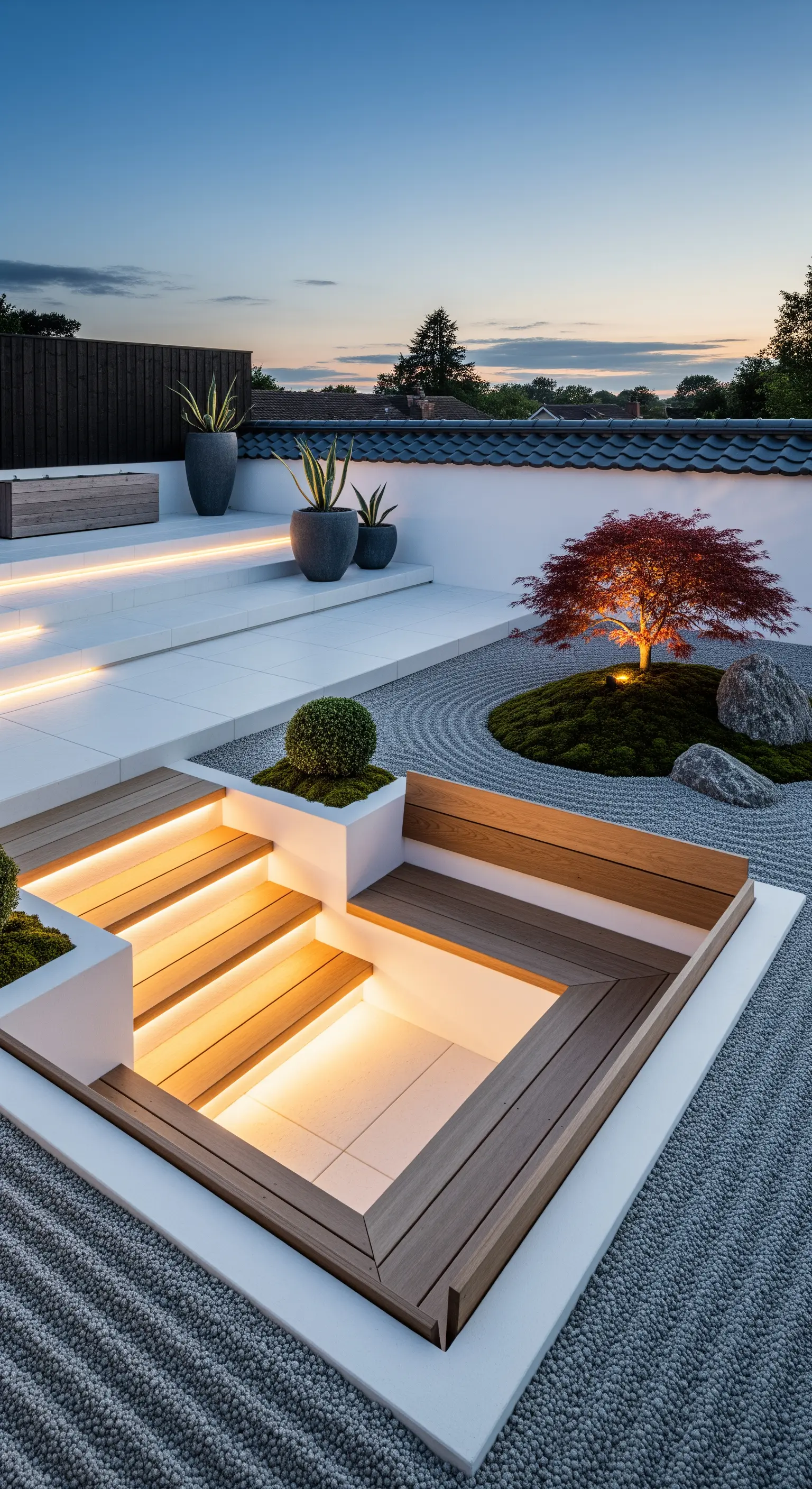 Moderner Zen-Garten mit versunkenem Sitzbereich, indirekter Beleuchtung und japanischem Ahorn.