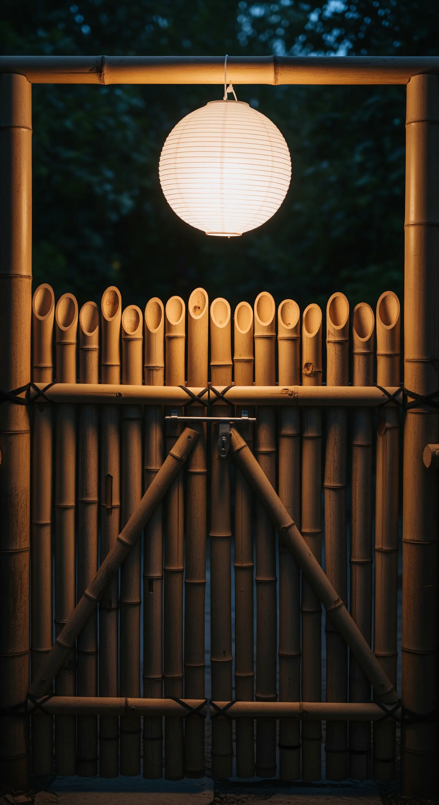 Bambus-Gartentor mit einer hängenden Papierlaterne bei Dämmerung