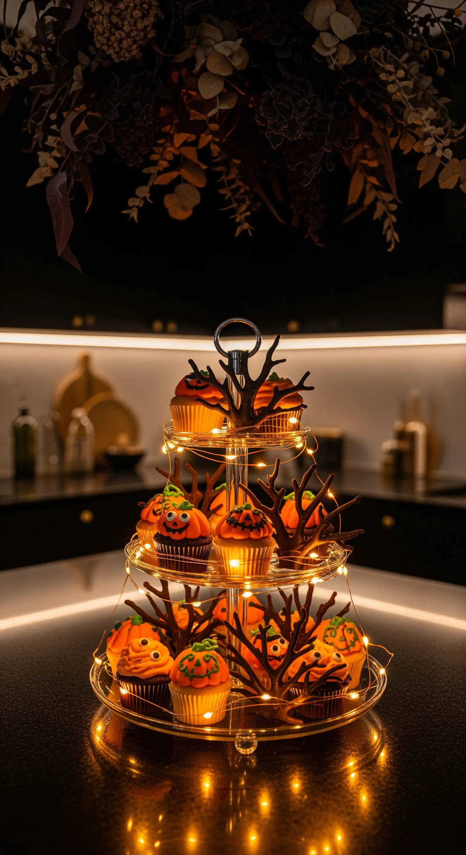Halloween Cupcake-Etagere mit Lichterketten und gruseligen Kuchen-Kreationen