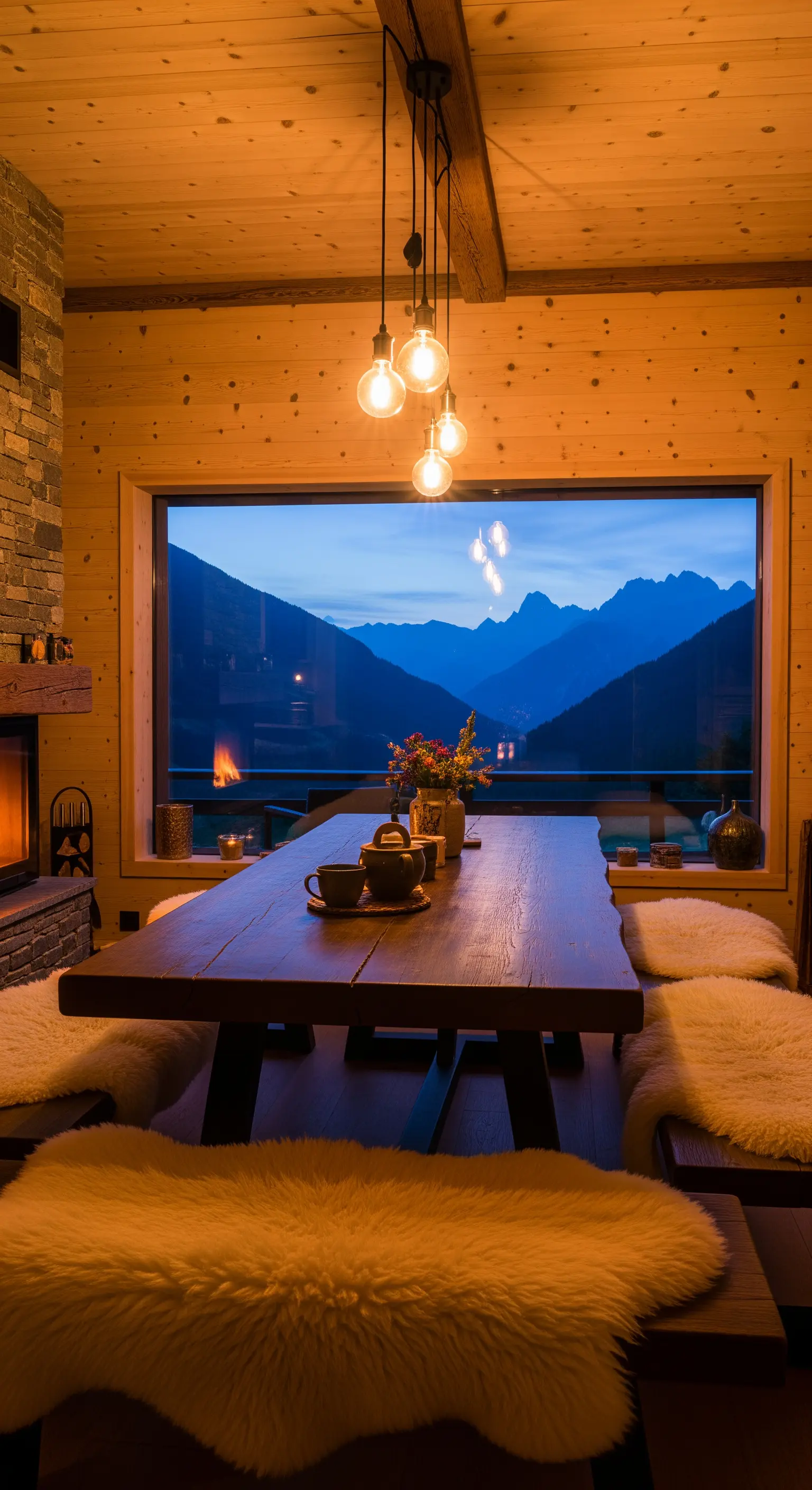Esszimmer mit Holztisch, Schaffellen, Bergblick und Kamin