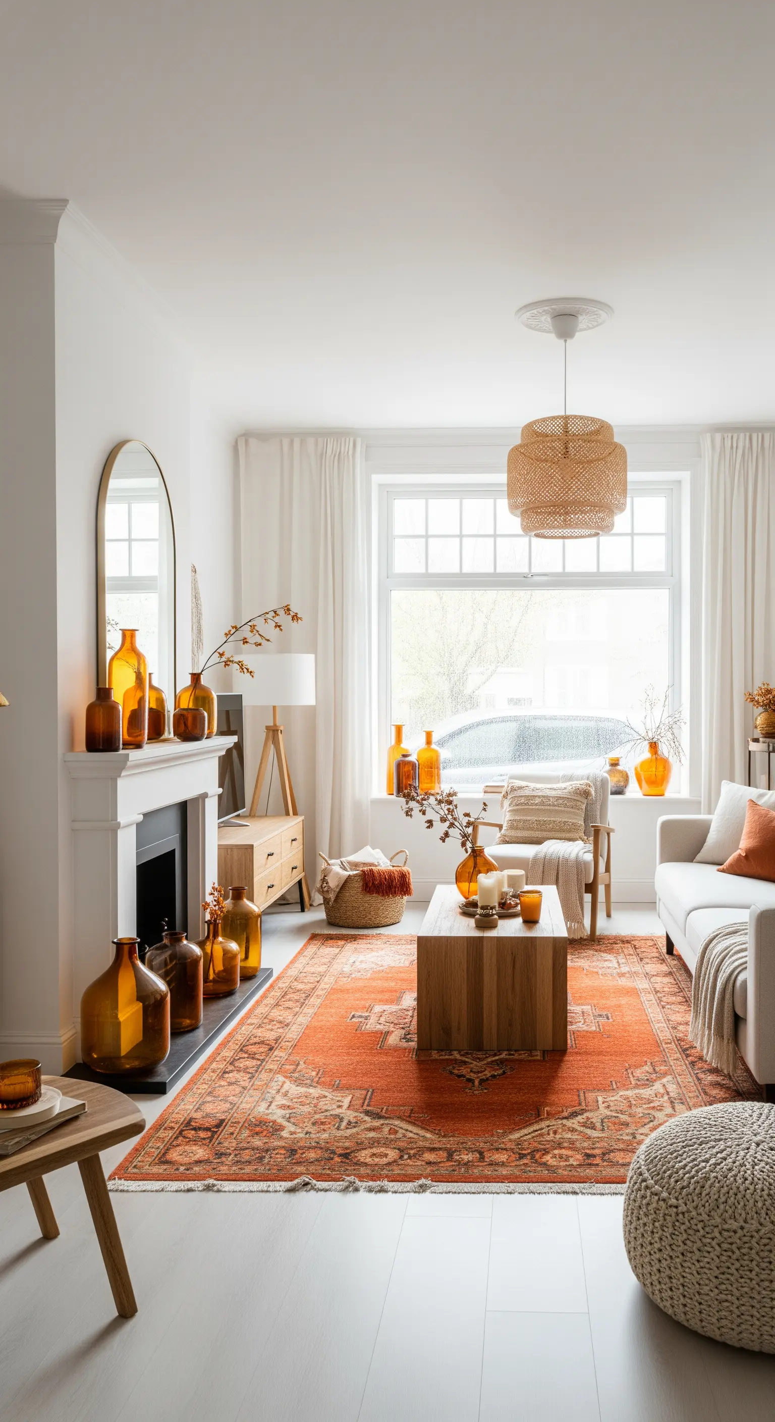 Helles Wohnzimmer mit einem Arrangement aus verschiedensten Amber-Glasvasen.