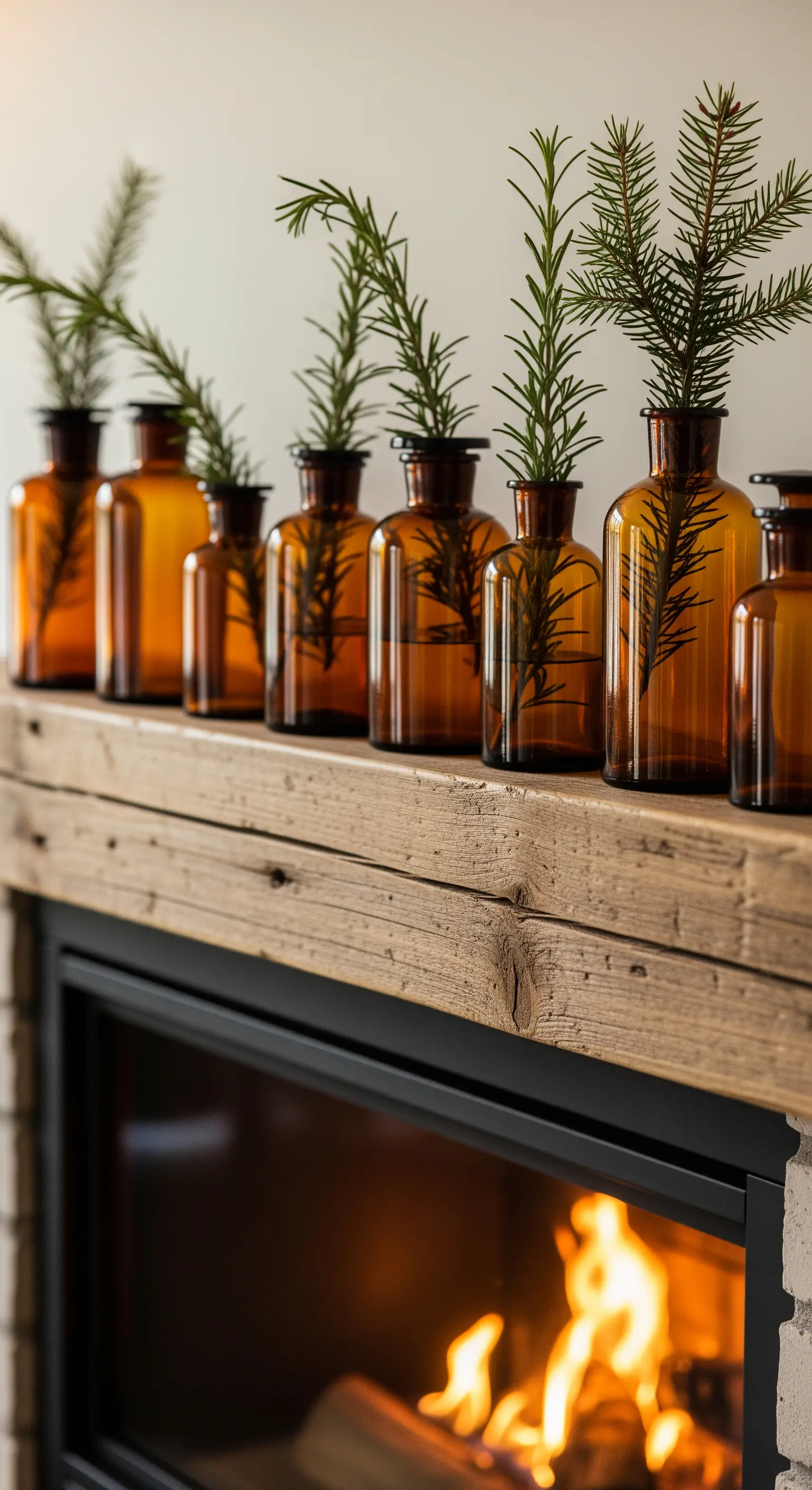 Bernsteinglasflaschen mit Kiefernzweigen auf Holzkamin